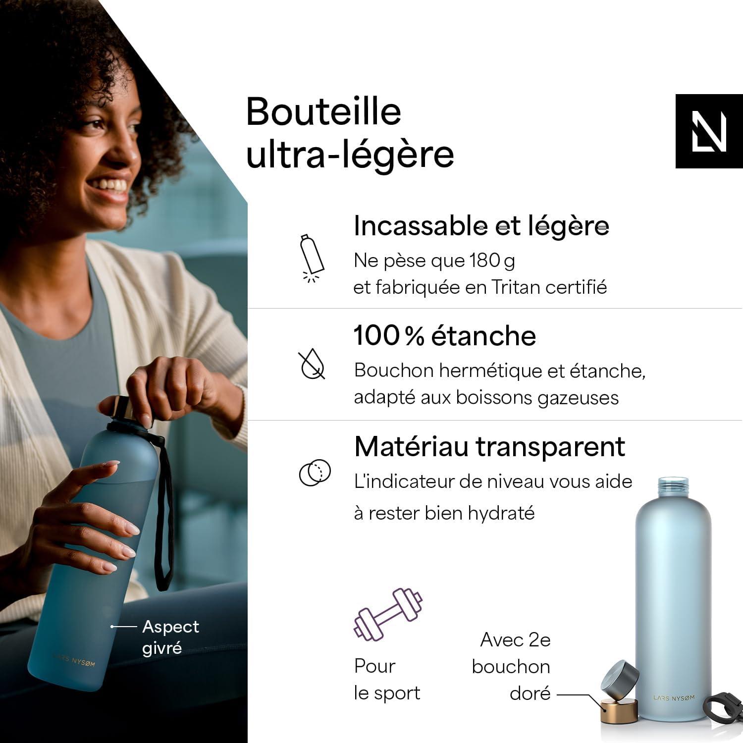 image:imageLARS NYSM Gourde 1l Bouteille deau 1000ml Gourde de sport ultralgre en Tritan Idal pour le sport le bureau le yoga les enfants 2 couvercles inclus Carbon Black 1000mlSky Blue Gold