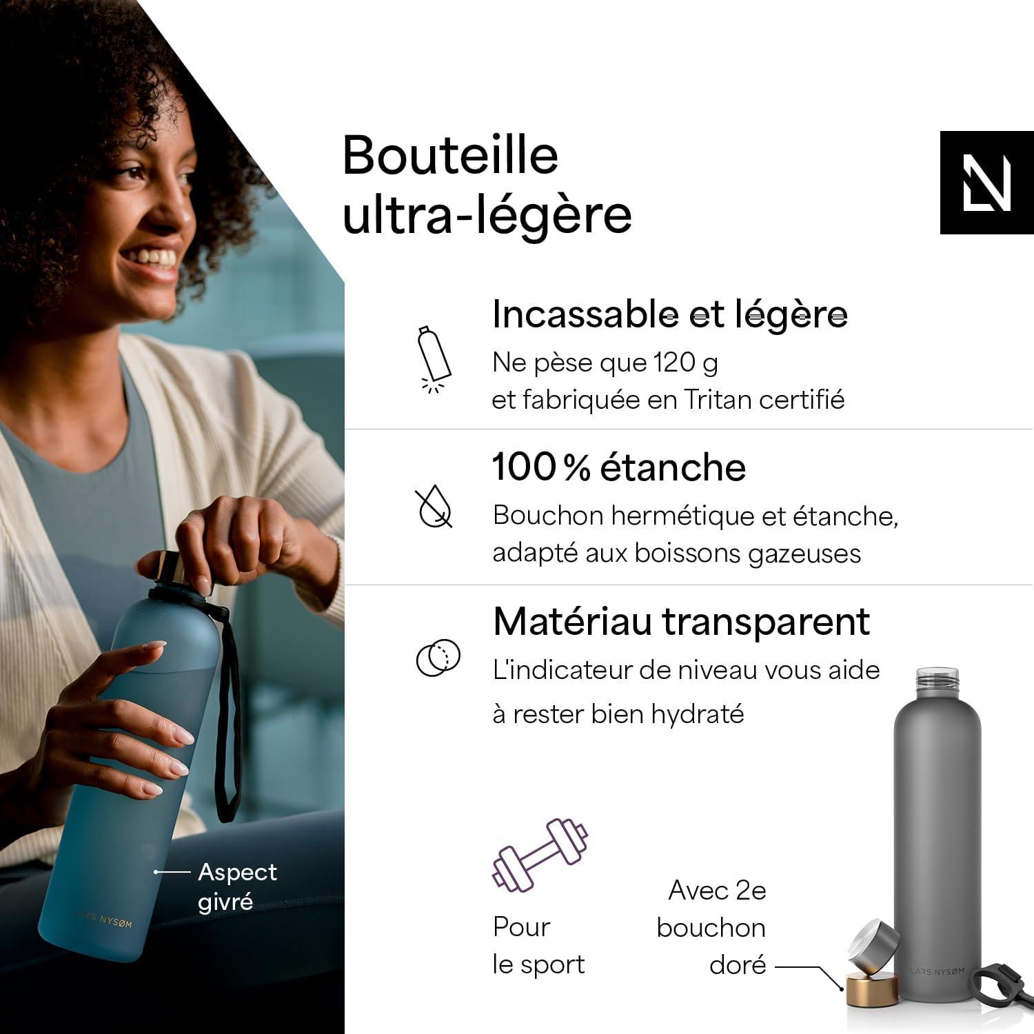 image:imageLARS NYSM Gourde 1l Bouteille deau 1000ml Gourde de sport ultralgre en Tritan Idal pour le sport le bureau le yoga les enfants 2 couvercles inclus Carbon Black 1000mlAsh Gray