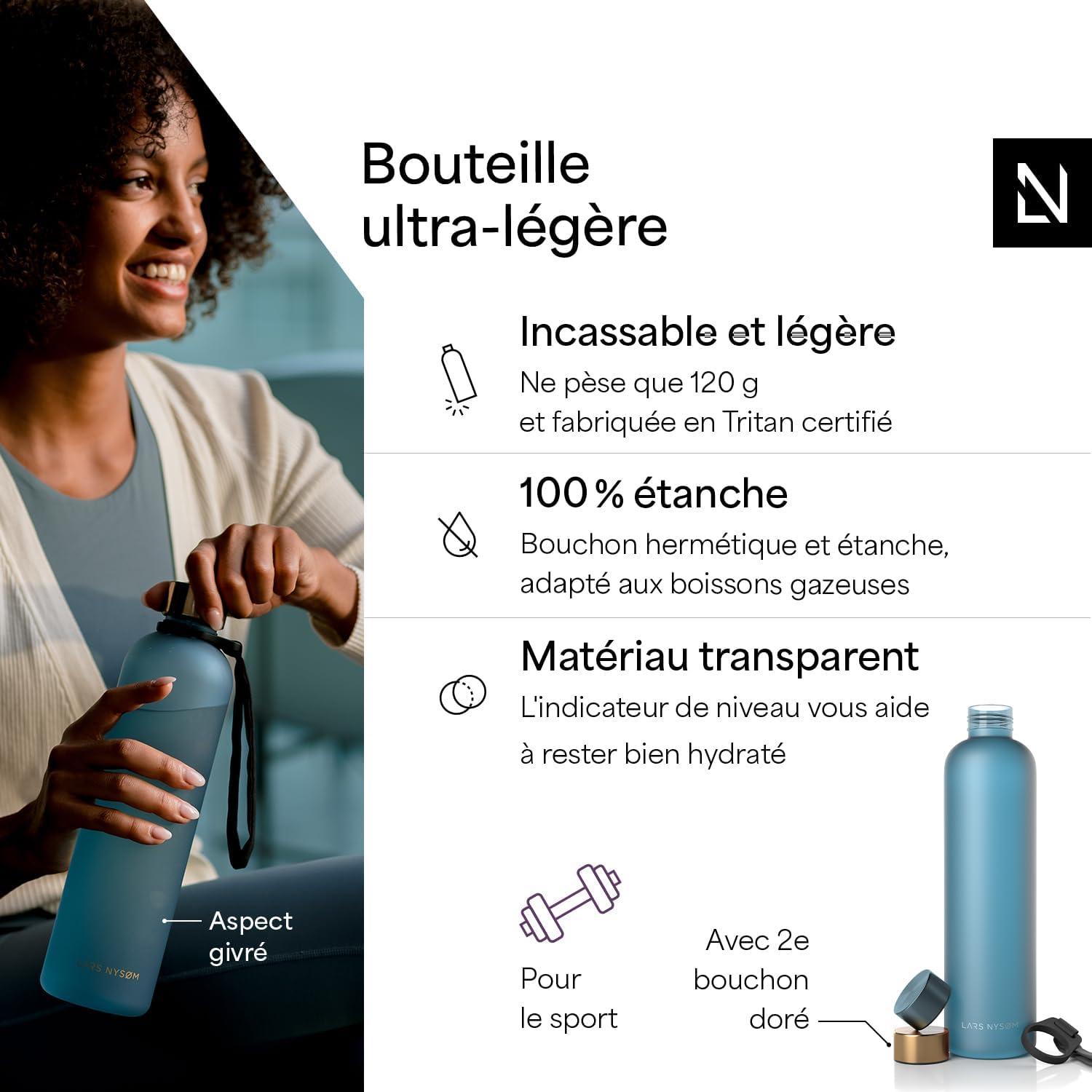 image:imageLARS NYSM Gourde 1l Bouteille deau 1000ml Gourde de sport ultralgre en Tritan Idal pour le sport le bureau le yoga les enfants 2 couvercles inclus Carbon Black 1000mlCalypso Blue