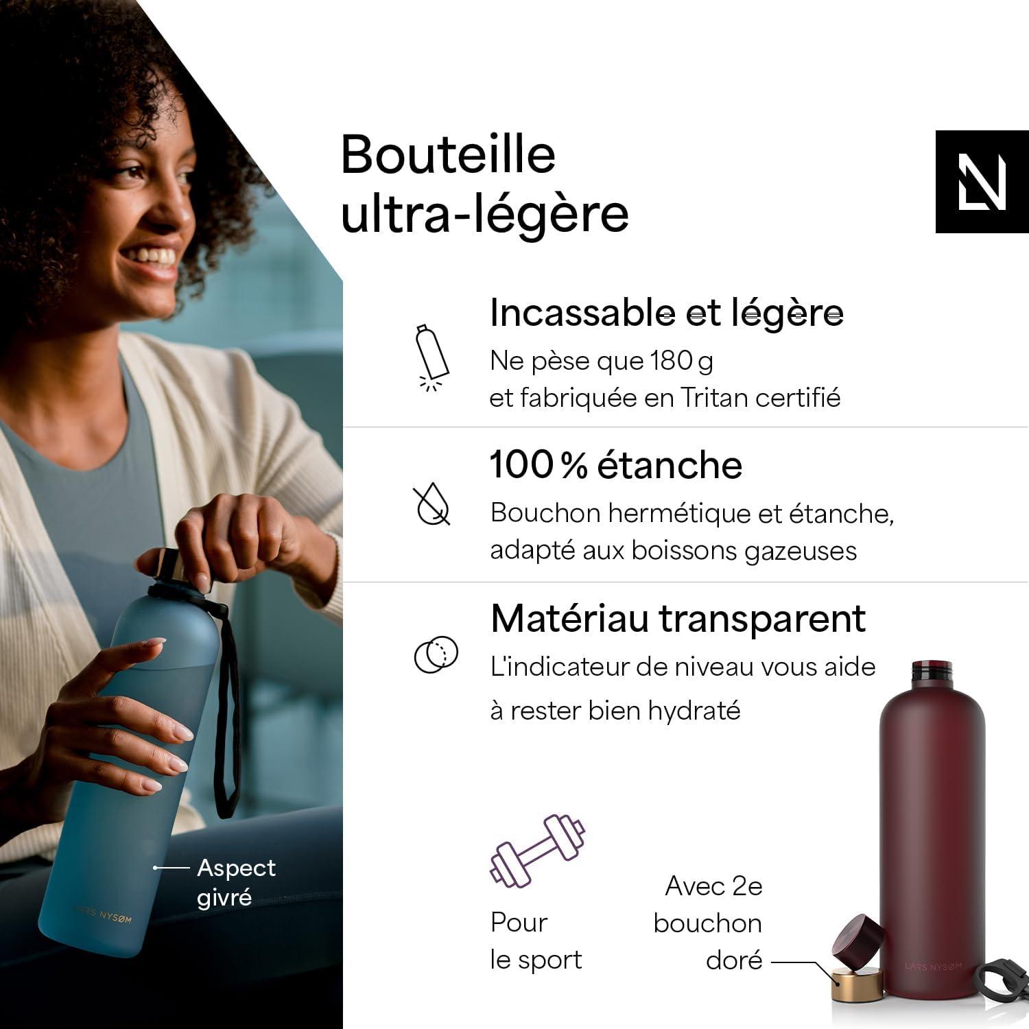 image:imageLARS NYSM Gourde 1l Bouteille deau 1000ml Gourde de sport ultralgre en Tritan Idal pour le sport le bureau le yoga les enfants 2 couvercles inclus Carbon Black 1000mlBerry Red