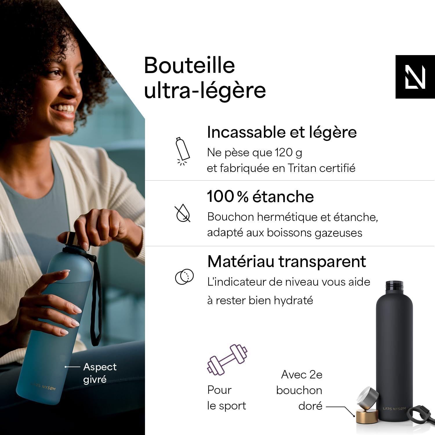 image:imageLARS NYSM Gourde 1l Bouteille deau 1000ml Gourde de sport ultralgre en Tritan Idal pour le sport le bureau le yoga les enfants 2 couvercles inclus Carbon Black 1000mlCarbon Black Gold