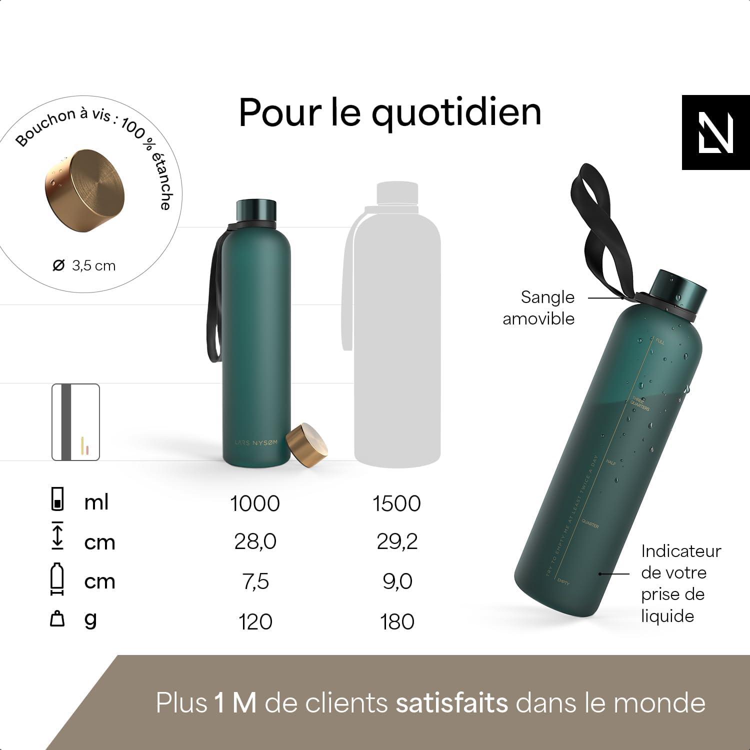 image:imageLARS NYSM Gourde 1l Bouteille deau 1000ml Gourde de sport ultralgre en Tritan Idal pour le sport le bureau le yoga les enfants 2 couvercles inclus Carbon Black 1000mlPine Green Gold