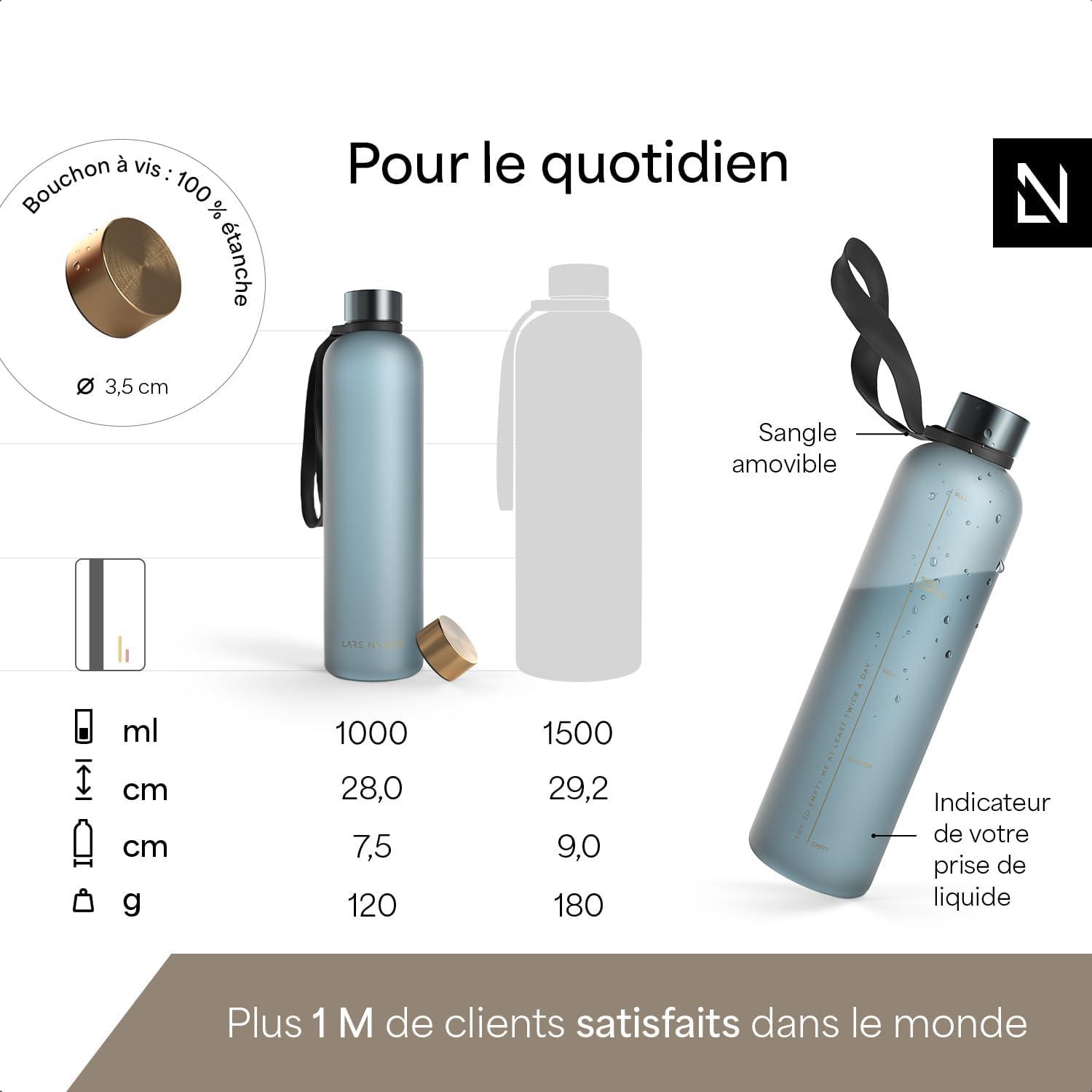 image:imageLARS NYSM Gourde 1l Bouteille deau 1000ml Gourde de sport ultralgre en Tritan Idal pour le sport le bureau le yoga les enfants 2 couvercles inclus Carbon Black 1000mlSky Blue Gold