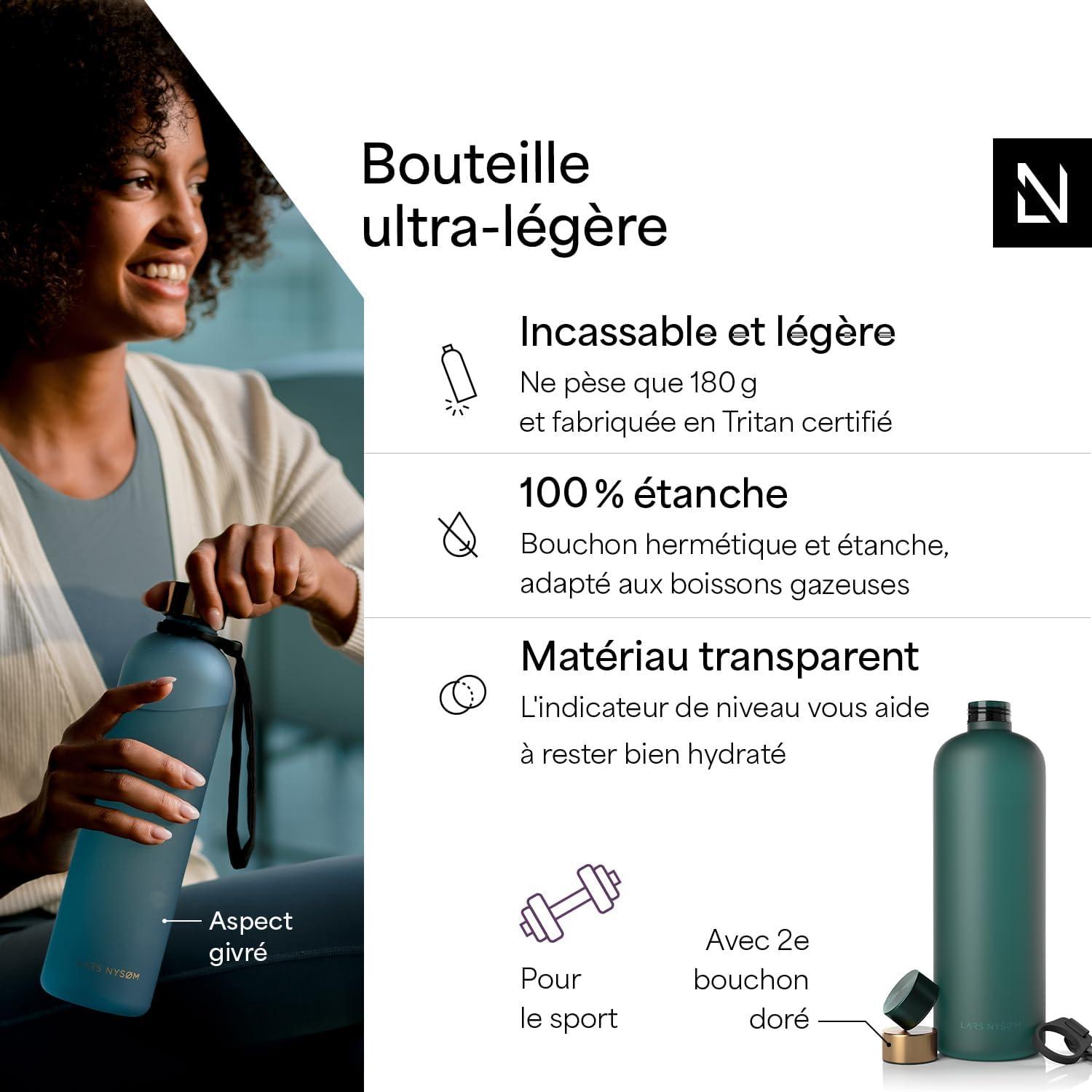 image:imageLARS NYSM Gourde 1l Bouteille deau 1000ml Gourde de sport ultralgre en Tritan Idal pour le sport le bureau le yoga les enfants 2 couvercles inclus Carbon Black 1000mlPine Green