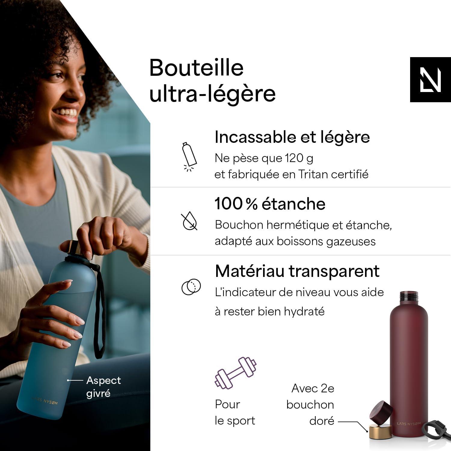 image:imageLARS NYSM Gourde 1l Bouteille deau 1000ml Gourde de sport ultralgre en Tritan Idal pour le sport le bureau le yoga les enfants 2 couvercles inclus Carbon Black 1000mlBerry Red Gold
