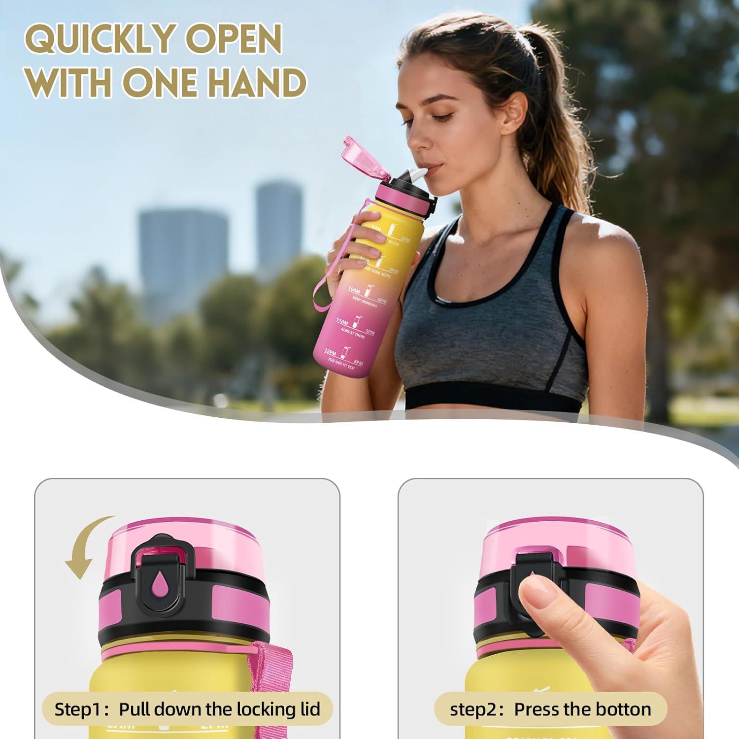 image:imageMotswedi Gourde 1l AntiFuite Gourde Paille avec Marqueur de Temps Bouteille deau Poigne de Transport Bouteille avec Paille Facile Ouvrir pour Randonne Sport Blanc Cass Bleu ClairJaune Rose