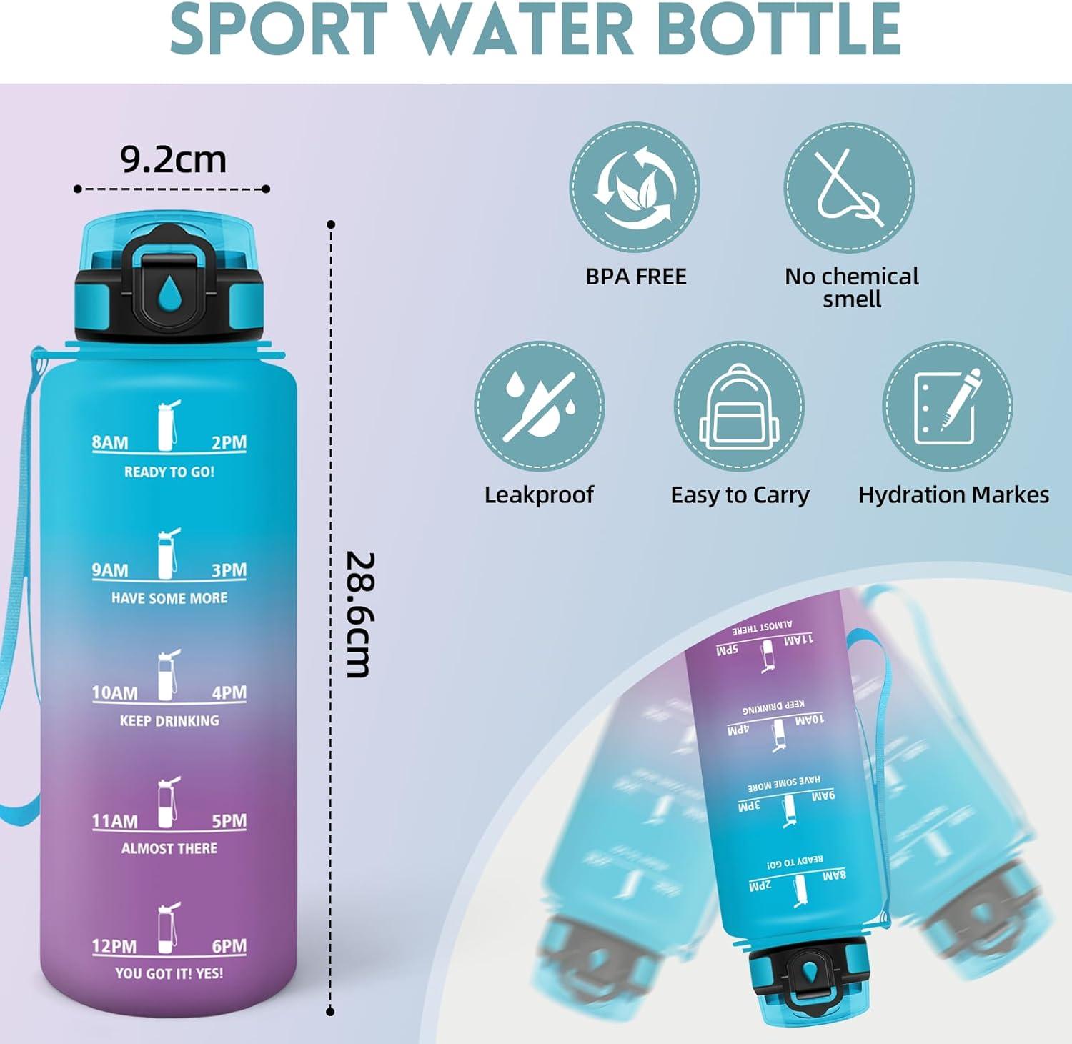 image:imageMotswedi Gourde 1l AntiFuite Gourde Paille avec Marqueur de Temps Bouteille deau Poigne de Transport Bouteille avec Paille Facile Ouvrir pour Randonne Sport Blanc Cass Bleu ClairBleu Violet
