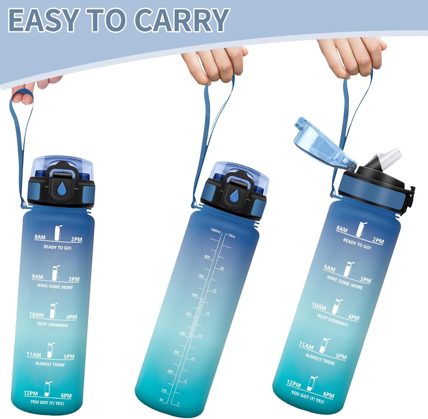 image:imageMotswedi Gourde 1l AntiFuite Gourde Paille avec Marqueur de Temps Bouteille deau Poigne de Transport Bouteille avec Paille Facile Ouvrir pour Randonne Sport Blanc Cass Bleu ClairTurquoise