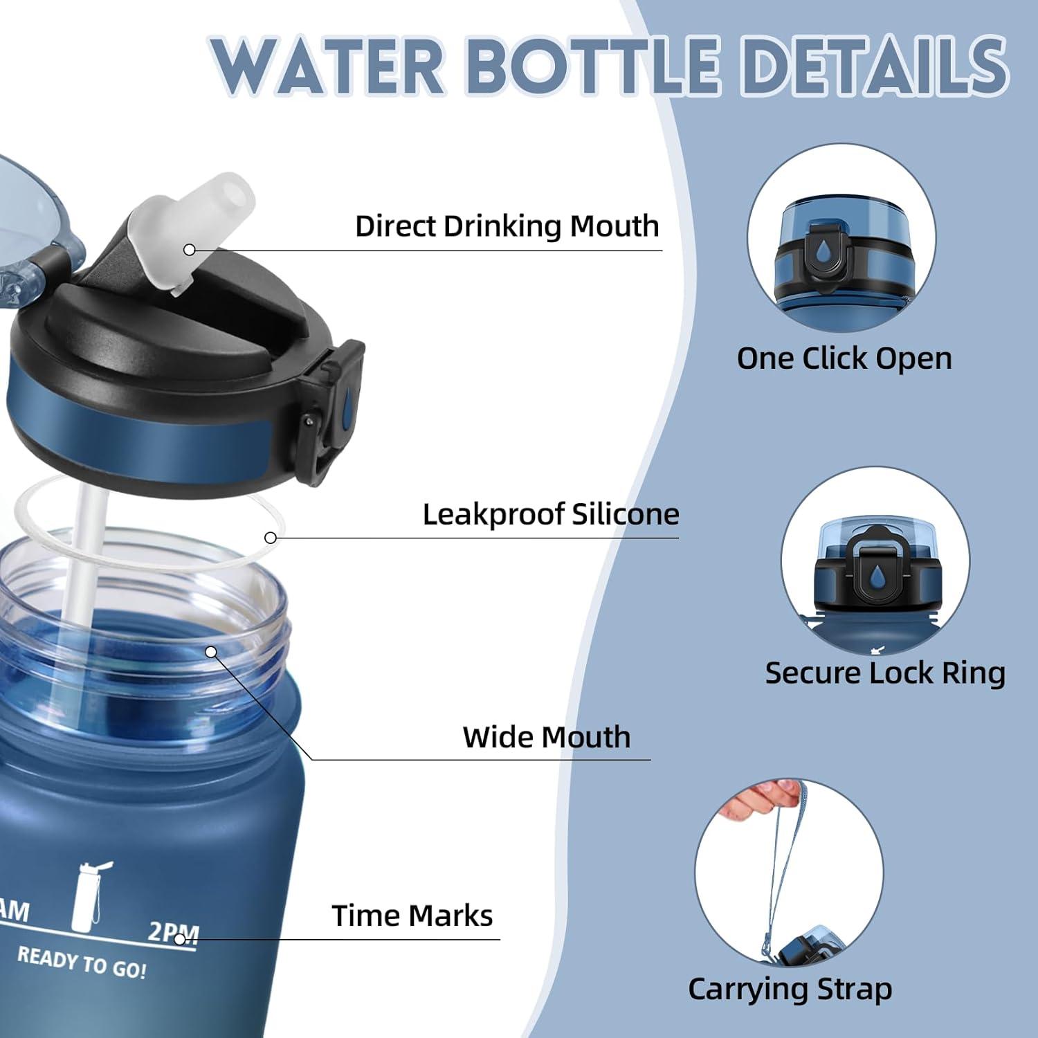 image:imageMotswedi Gourde 1l AntiFuite Gourde Paille avec Marqueur de Temps Bouteille deau Poigne de Transport Bouteille avec Paille Facile Ouvrir pour Randonne Sport Blanc Cass Bleu ClairBleu Fonc