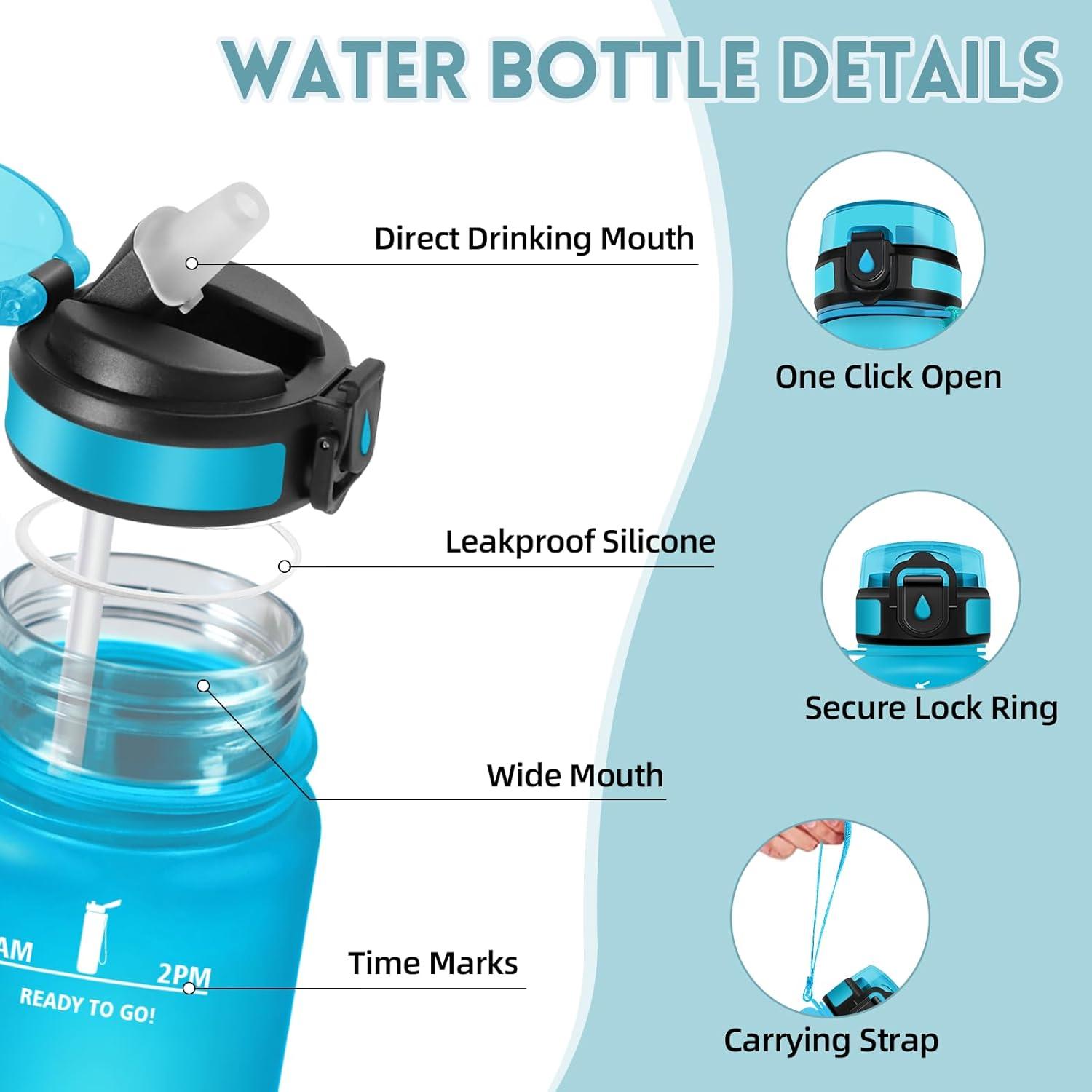 image:imageMotswedi Gourde 1l AntiFuite Gourde Paille avec Marqueur de Temps Bouteille deau Poigne de Transport Bouteille avec Paille Facile Ouvrir pour Randonne Sport Blanc Cass Bleu ClairBleu Violet
