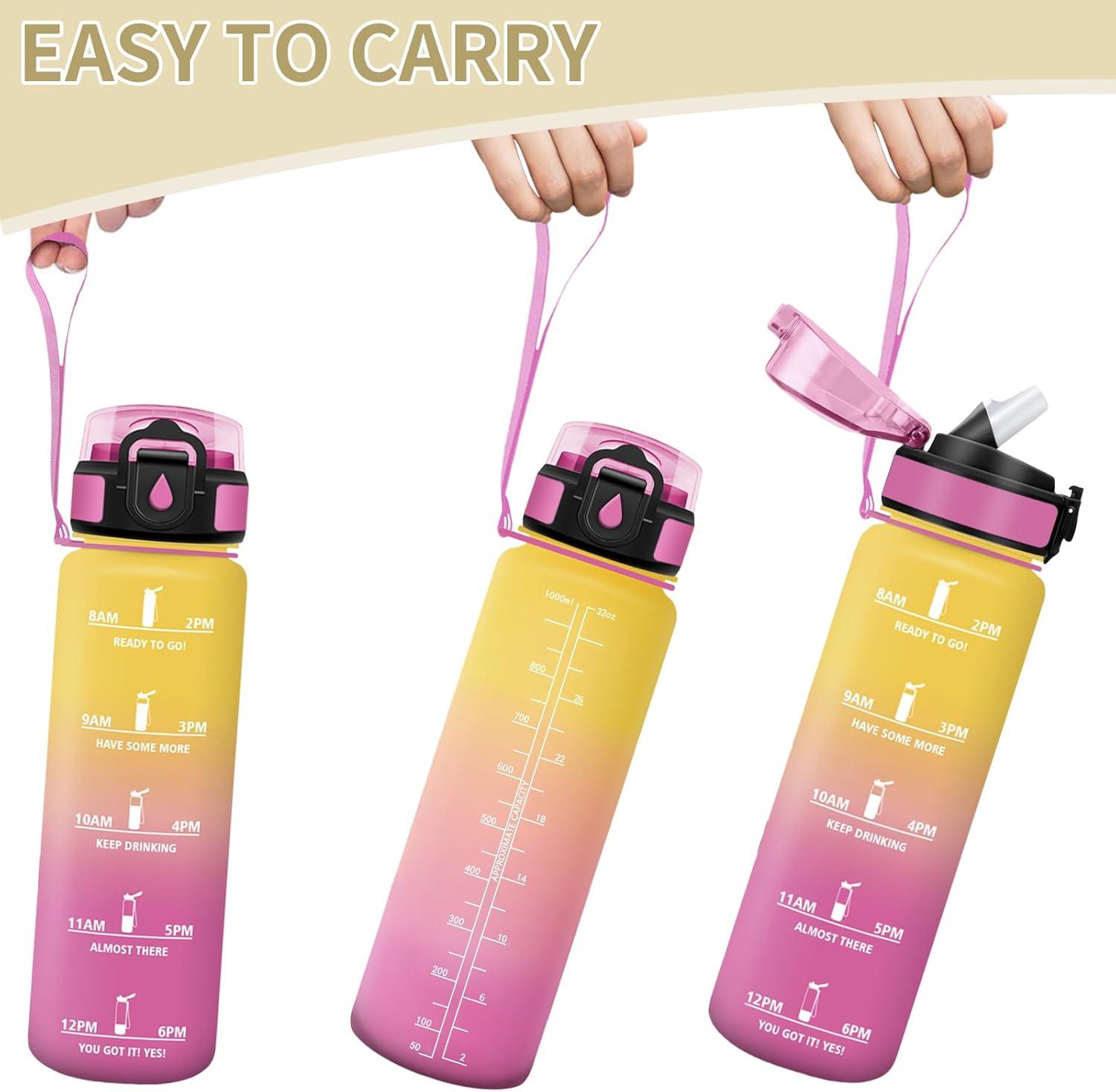 image:imageMotswedi Gourde 1l AntiFuite Gourde Paille avec Marqueur de Temps Bouteille deau Poigne de Transport Bouteille avec Paille Facile Ouvrir pour Randonne Sport Blanc Cass Bleu ClairJaune Rose