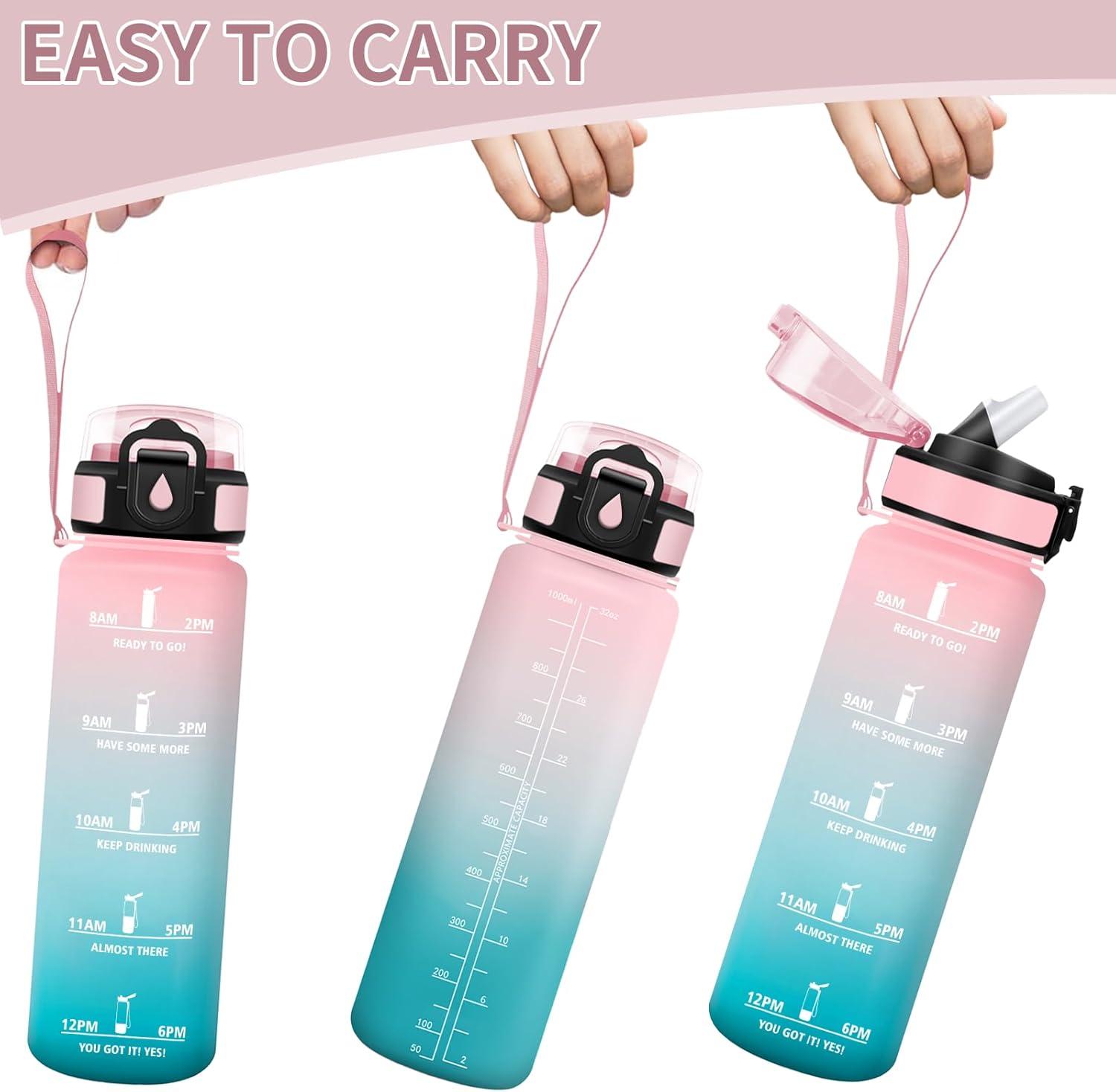 image:imageMotswedi Gourde 1l AntiFuite Gourde Paille avec Marqueur de Temps Bouteille deau Poigne de Transport Bouteille avec Paille Facile Ouvrir pour Randonne Sport Blanc Cass Bleu ClairVert Rose