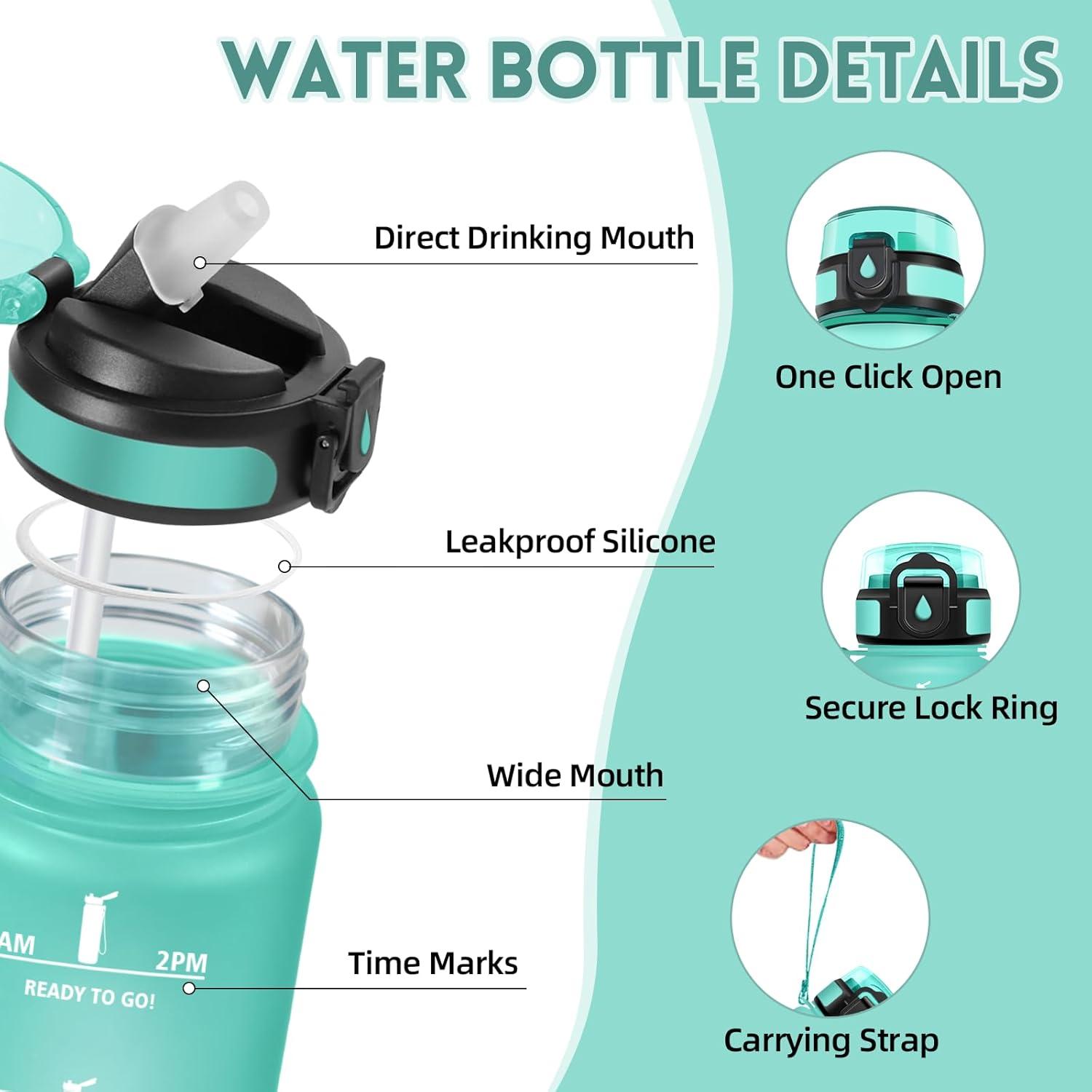 image:imageMotswedi Gourde 1l AntiFuite Gourde Paille avec Marqueur de Temps Bouteille deau Poigne de Transport Bouteille avec Paille Facile Ouvrir pour Randonne Sport Blanc Cass Bleu ClairTurquoise3245c
