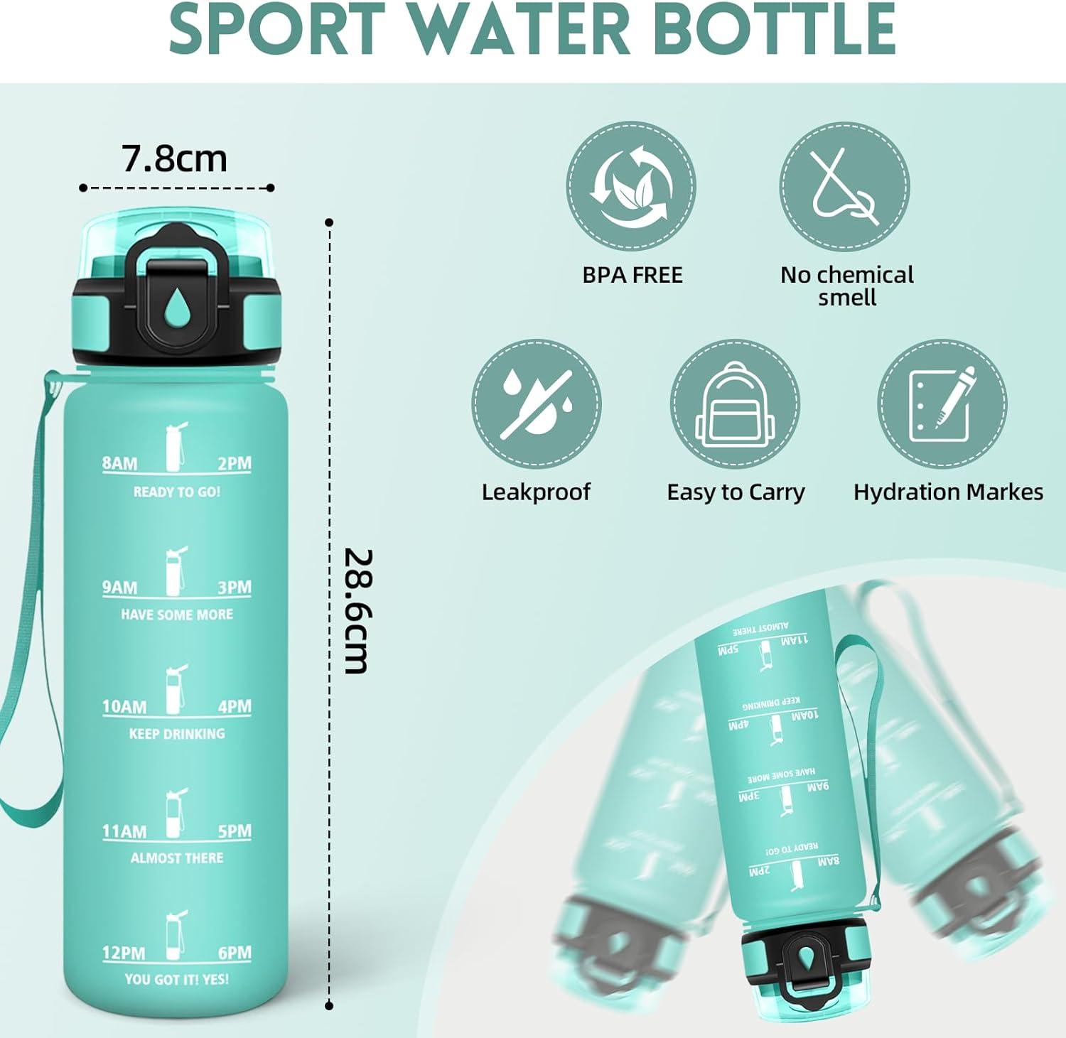 image:imageMotswedi Gourde 1l AntiFuite Gourde Paille avec Marqueur de Temps Bouteille deau Poigne de Transport Bouteille avec Paille Facile Ouvrir pour Randonne Sport Blanc Cass Bleu ClairTurquoise3245c