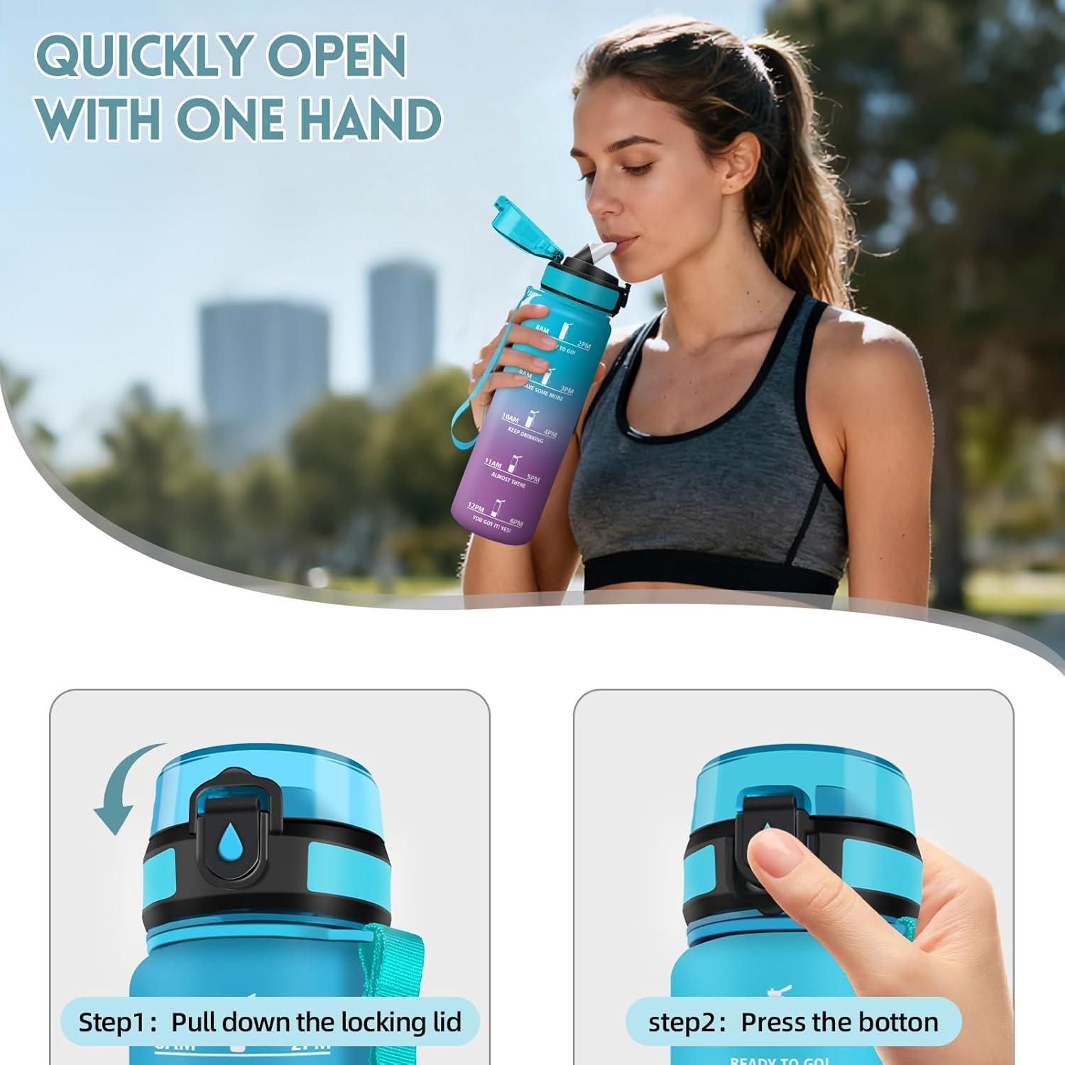 image:imageMotswedi Gourde 1l AntiFuite Gourde Paille avec Marqueur de Temps Bouteille deau Poigne de Transport Bouteille avec Paille Facile Ouvrir pour Randonne Sport Blanc Cass Bleu ClairBleu Violet