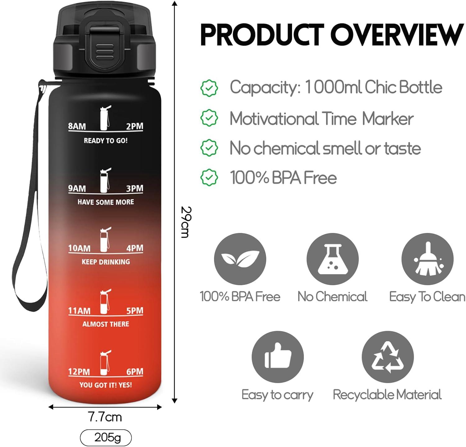 image:imageMotswedi Gourde 1l AntiFuite Gourde Paille avec Marqueur de Temps Bouteille deau Poigne de Transport Bouteille avec Paille Facile Ouvrir pour Randonne Sport Blanc Cass Bleu ClairNoir Rouge