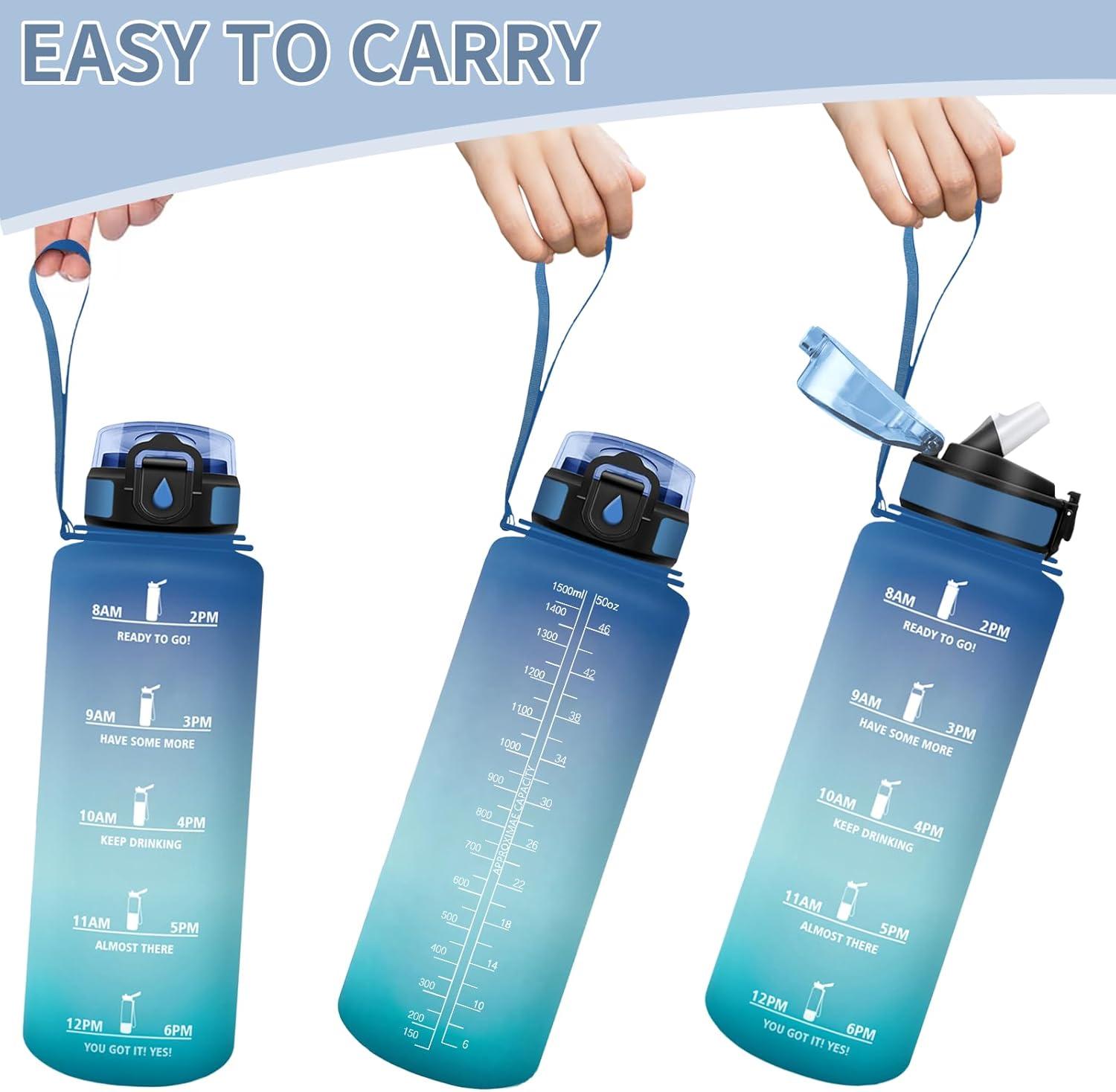 image:imageMotswedi Gourde 1l AntiFuite Gourde Paille avec Marqueur de Temps Bouteille deau Poigne de Transport Bouteille avec Paille Facile Ouvrir pour Randonne Sport Blanc Cass Bleu ClairBleu Vert