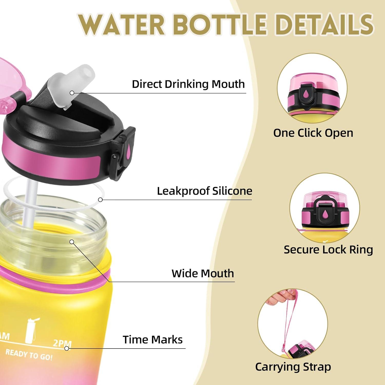 image:imageMotswedi Gourde 1l AntiFuite Gourde Paille avec Marqueur de Temps Bouteille deau Poigne de Transport Bouteille avec Paille Facile Ouvrir pour Randonne Sport Blanc Cass Bleu ClairJaune Rose