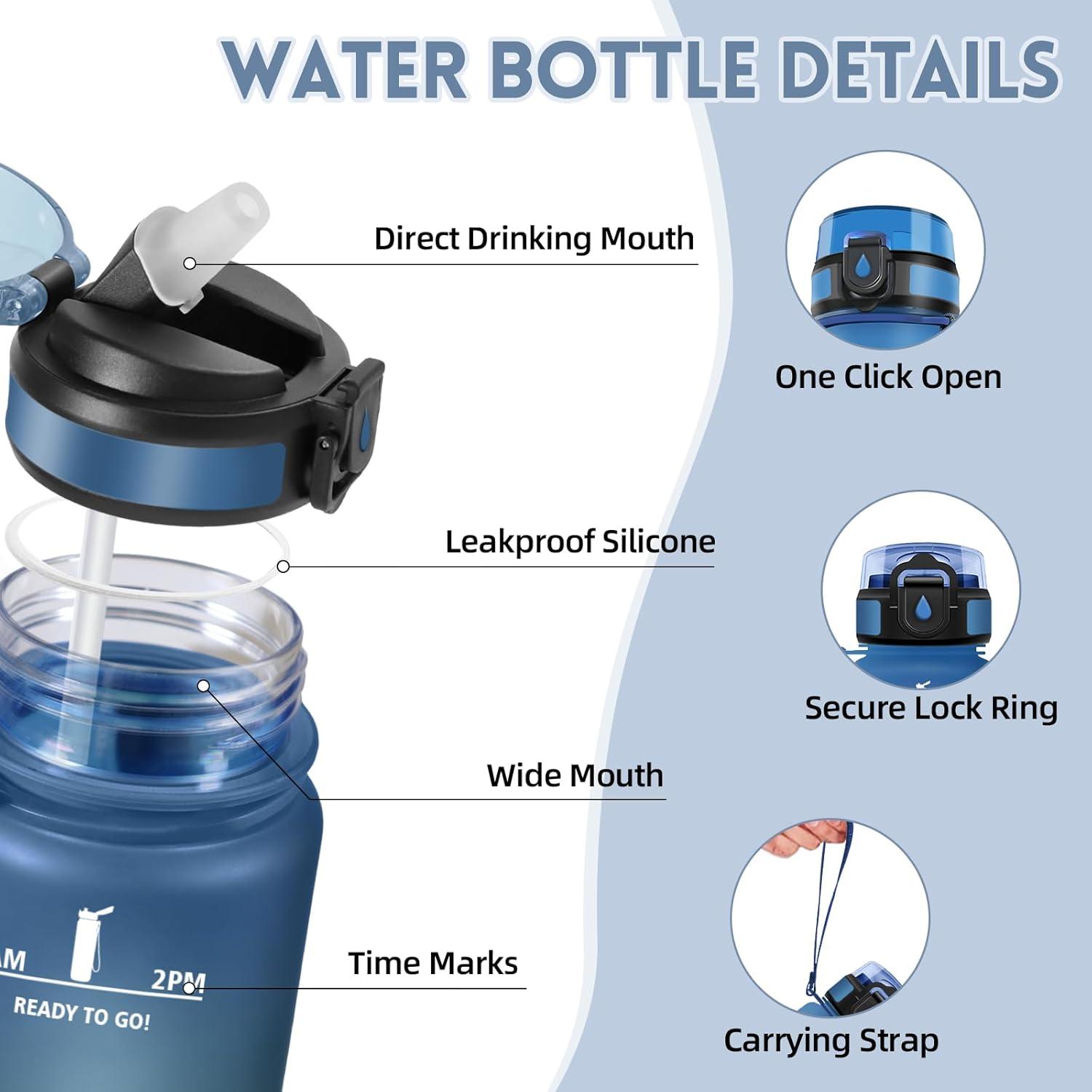 image:imageMotswedi Gourde 1l AntiFuite Gourde Paille avec Marqueur de Temps Bouteille deau Poigne de Transport Bouteille avec Paille Facile Ouvrir pour Randonne Sport Blanc Cass Bleu ClairBleu Vert