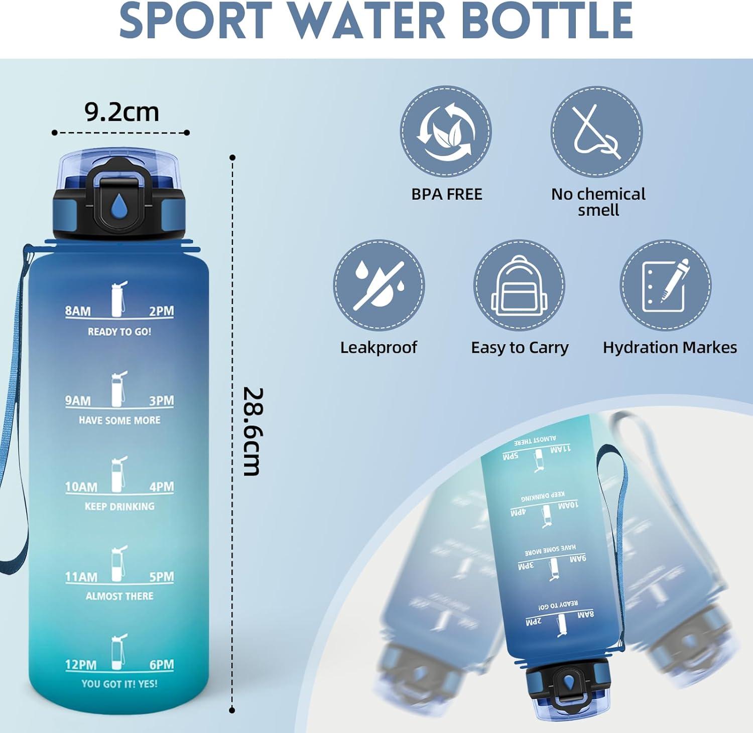 image:imageMotswedi Gourde 1l AntiFuite Gourde Paille avec Marqueur de Temps Bouteille deau Poigne de Transport Bouteille avec Paille Facile Ouvrir pour Randonne Sport Blanc Cass Bleu ClairBleu Vert
