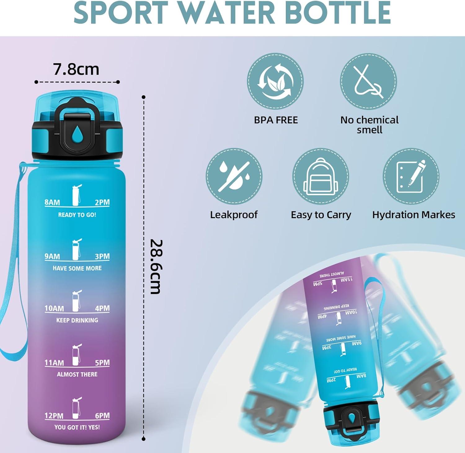 image:imageMotswedi Gourde 1l AntiFuite Gourde Paille avec Marqueur de Temps Bouteille deau Poigne de Transport Bouteille avec Paille Facile Ouvrir pour Randonne Sport Blanc Cass Bleu ClairBleu Violet