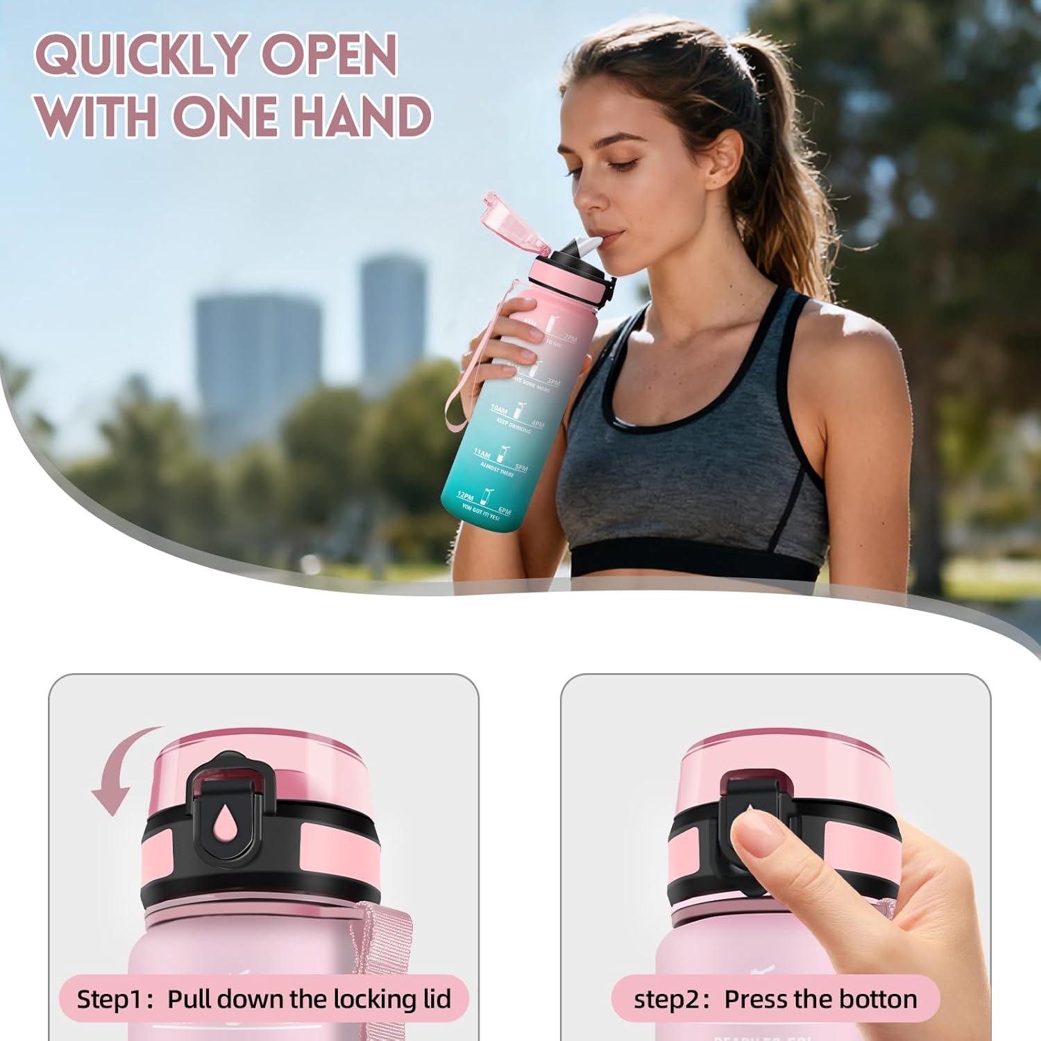 image:imageMotswedi Gourde 1l AntiFuite Gourde Paille avec Marqueur de Temps Bouteille deau Poigne de Transport Bouteille avec Paille Facile Ouvrir pour Randonne Sport Blanc Cass Bleu ClairVert Rose
