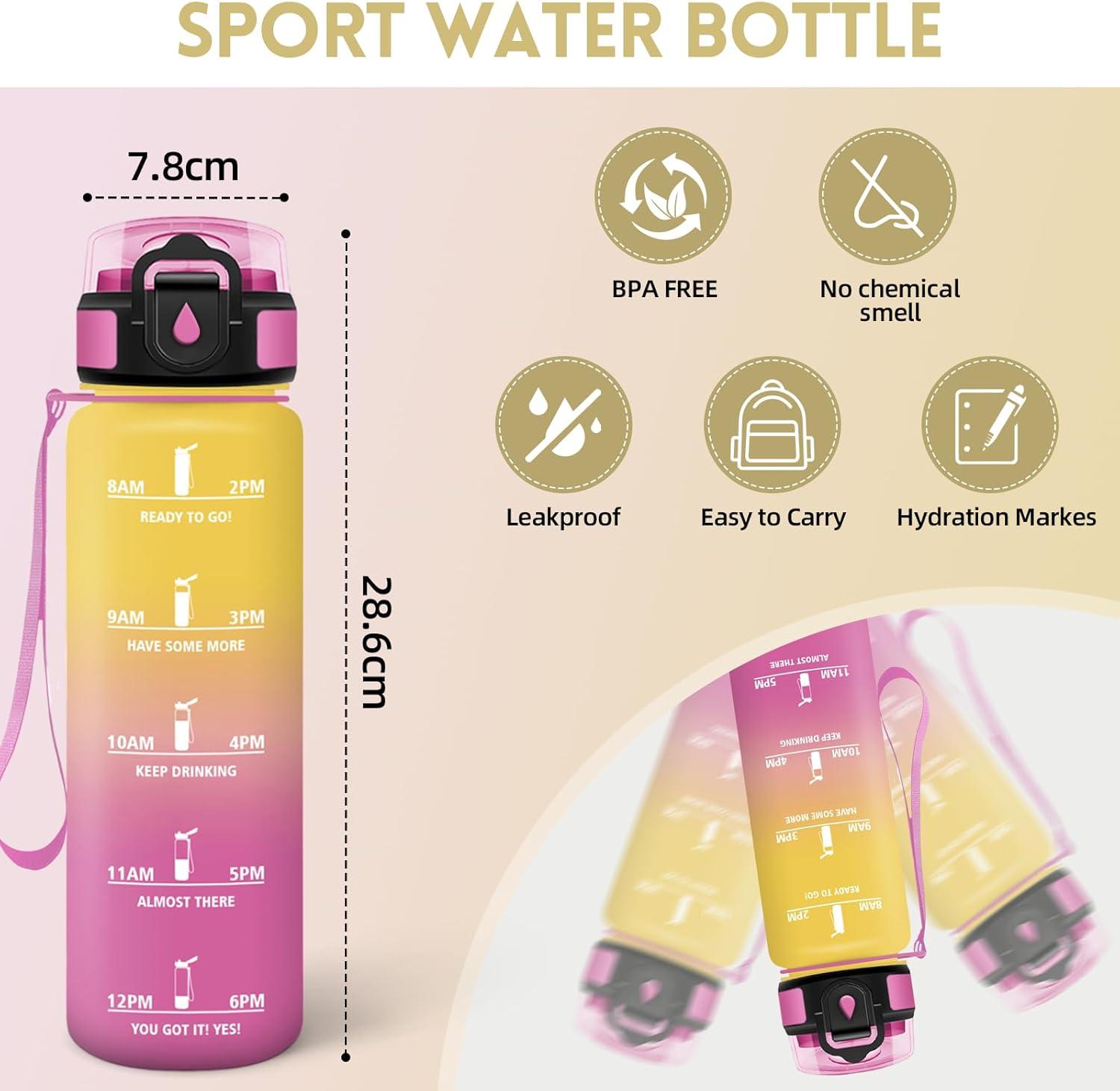 image:imageMotswedi Gourde 1l AntiFuite Gourde Paille avec Marqueur de Temps Bouteille deau Poigne de Transport Bouteille avec Paille Facile Ouvrir pour Randonne Sport Blanc Cass Bleu ClairJaune Rose