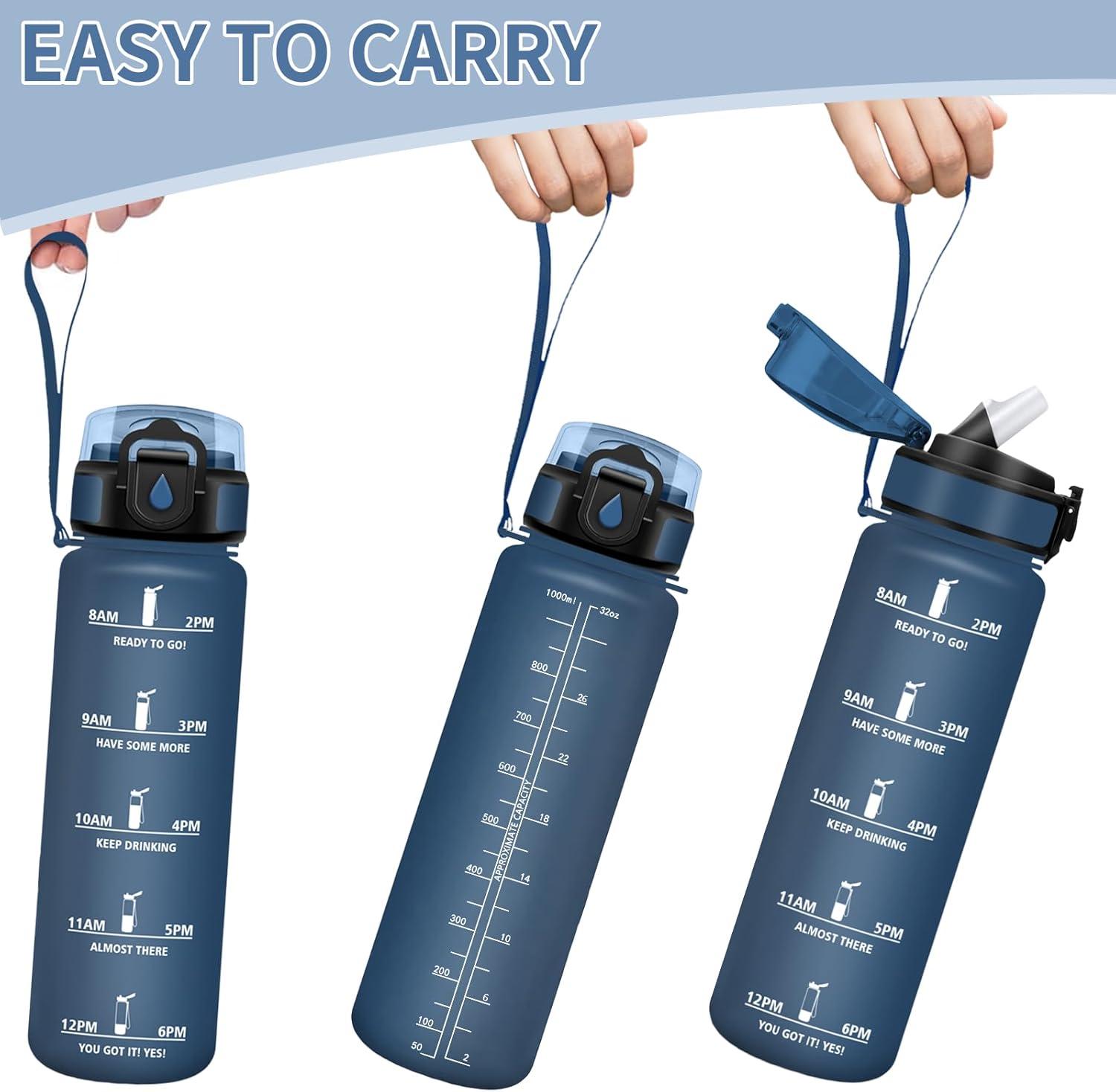 image:imageMotswedi Gourde 1l AntiFuite Gourde Paille avec Marqueur de Temps Bouteille deau Poigne de Transport Bouteille avec Paille Facile Ouvrir pour Randonne Sport Blanc Cass Bleu ClairBleu Fonc