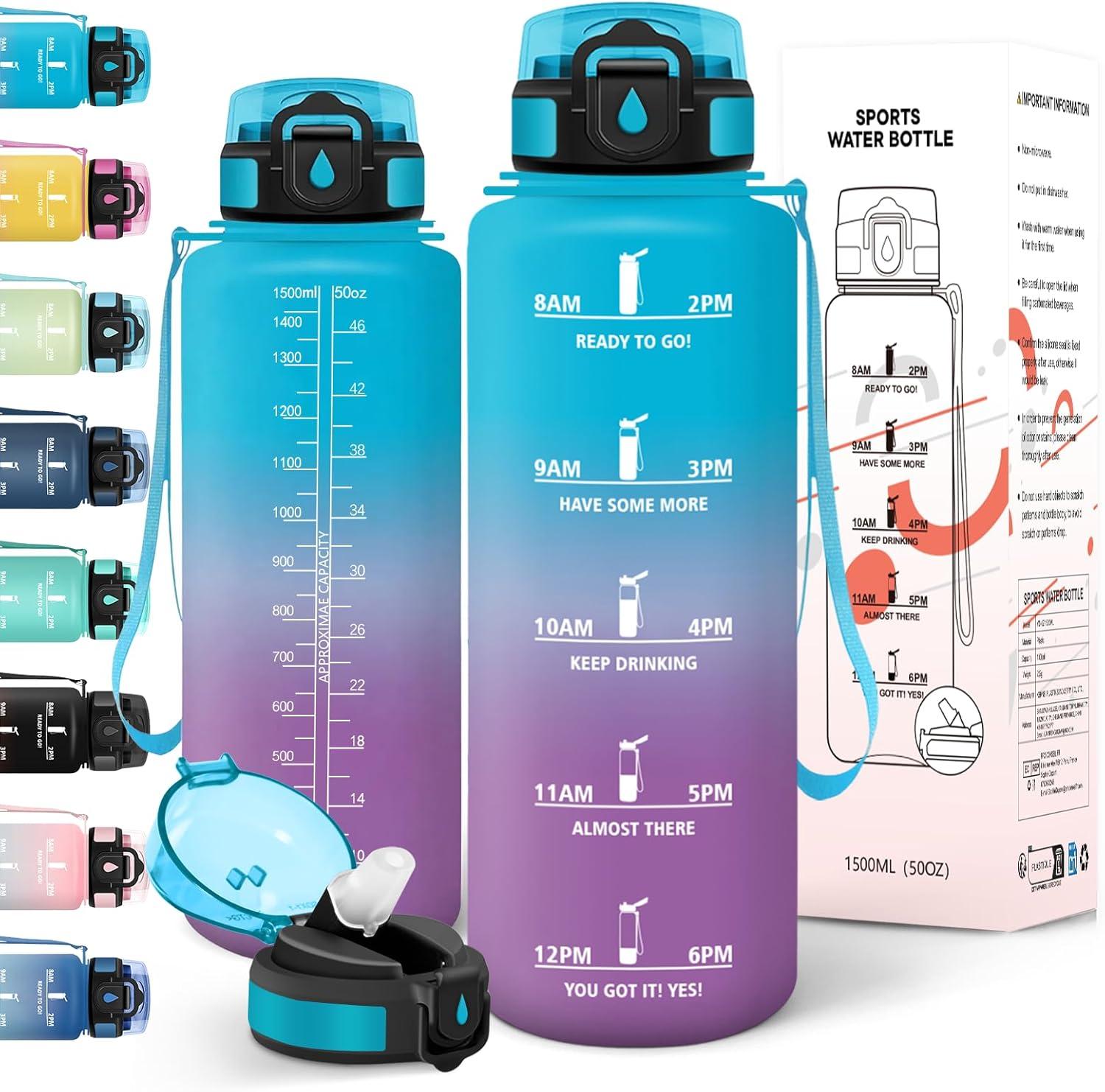 image:imageMotswedi Gourde 1l AntiFuite Gourde Paille avec Marqueur de Temps Bouteille deau Poigne de Transport Bouteille avec Paille Facile Ouvrir pour Randonne Sport Blanc Cass Bleu ClairBleu Violet
