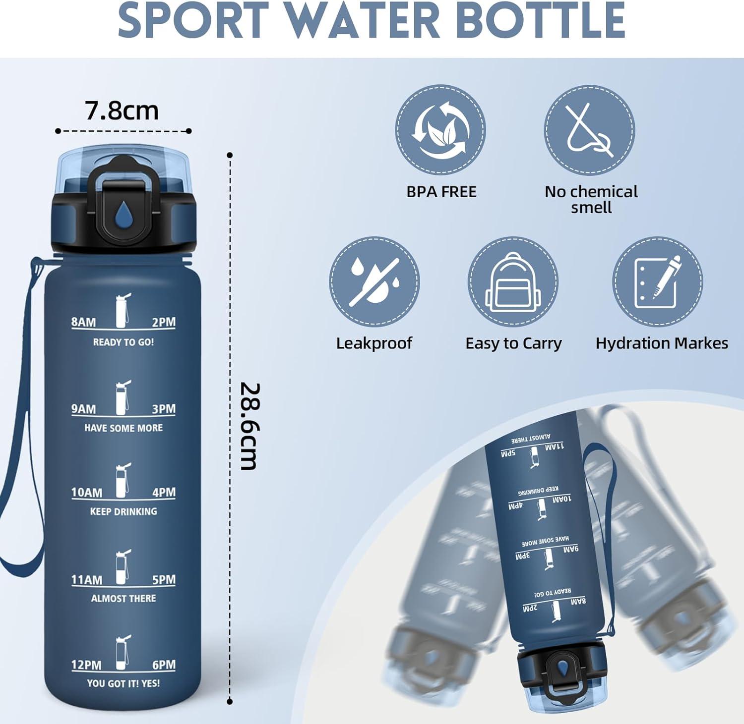image:imageMotswedi Gourde 1l AntiFuite Gourde Paille avec Marqueur de Temps Bouteille deau Poigne de Transport Bouteille avec Paille Facile Ouvrir pour Randonne Sport Blanc Cass Bleu ClairBleu Fonc