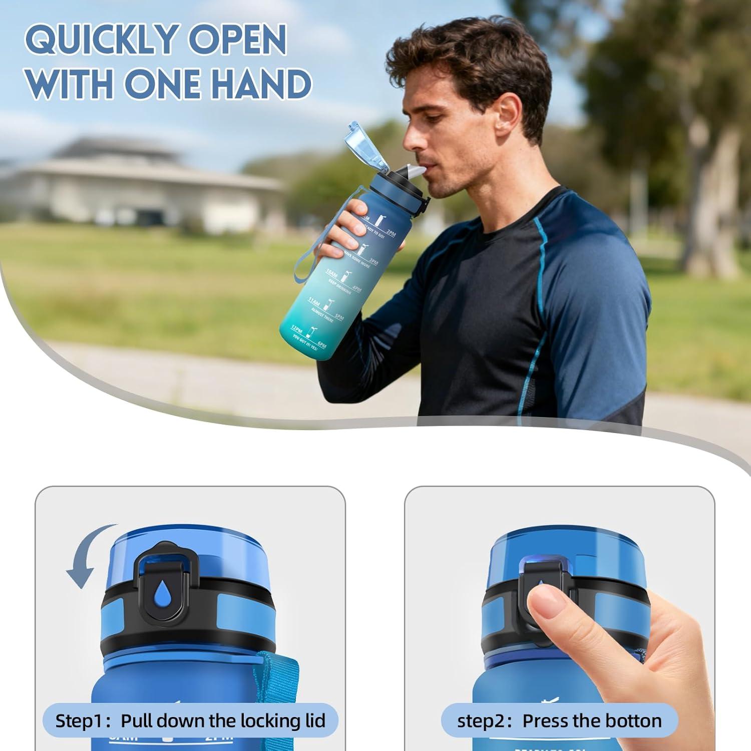 image:imageMotswedi Gourde 1l AntiFuite Gourde Paille avec Marqueur de Temps Bouteille deau Poigne de Transport Bouteille avec Paille Facile Ouvrir pour Randonne Sport Blanc Cass Bleu ClairTurquoise
