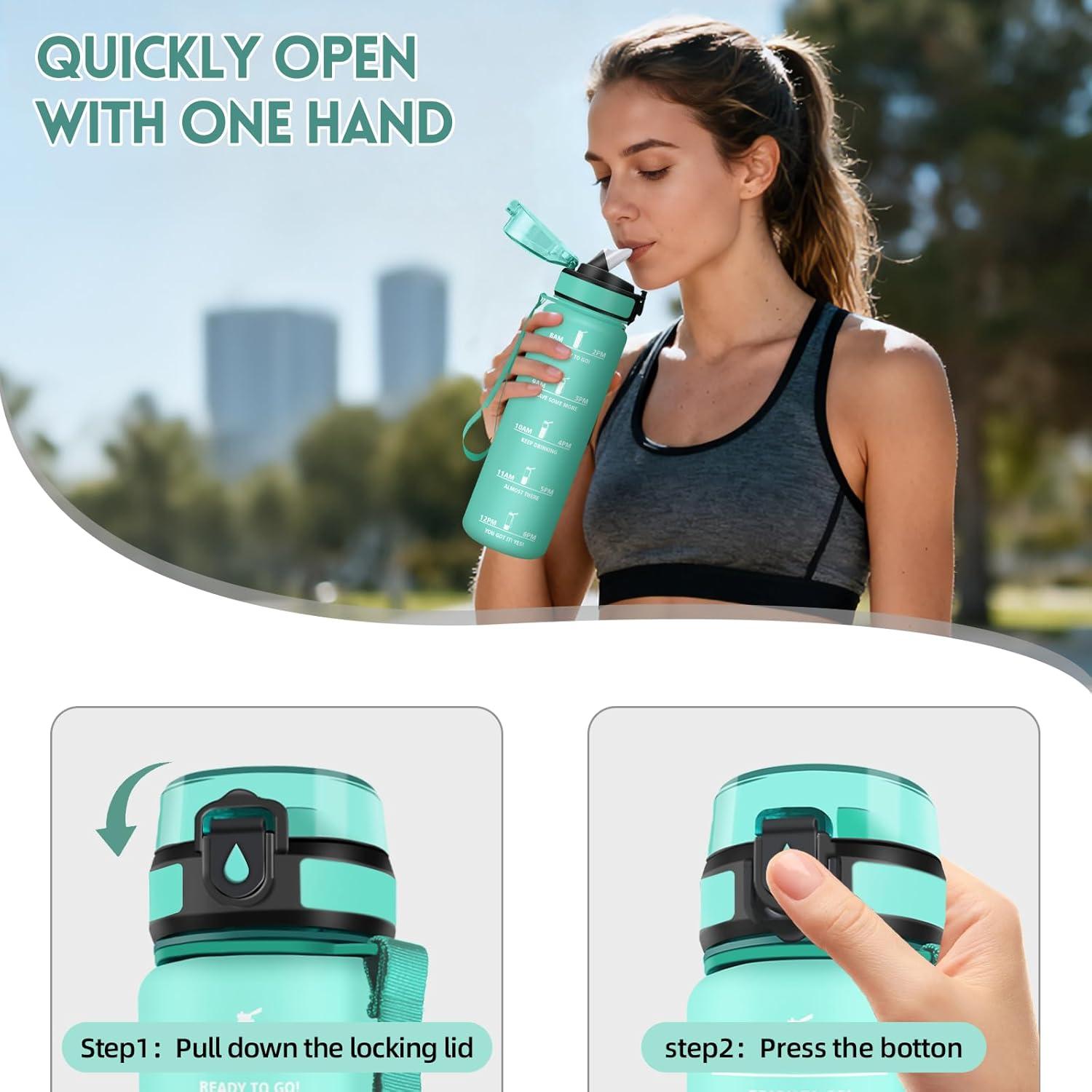 image:imageMotswedi Gourde 1l AntiFuite Gourde Paille avec Marqueur de Temps Bouteille deau Poigne de Transport Bouteille avec Paille Facile Ouvrir pour Randonne Sport Blanc Cass Bleu ClairTurquoise3245c