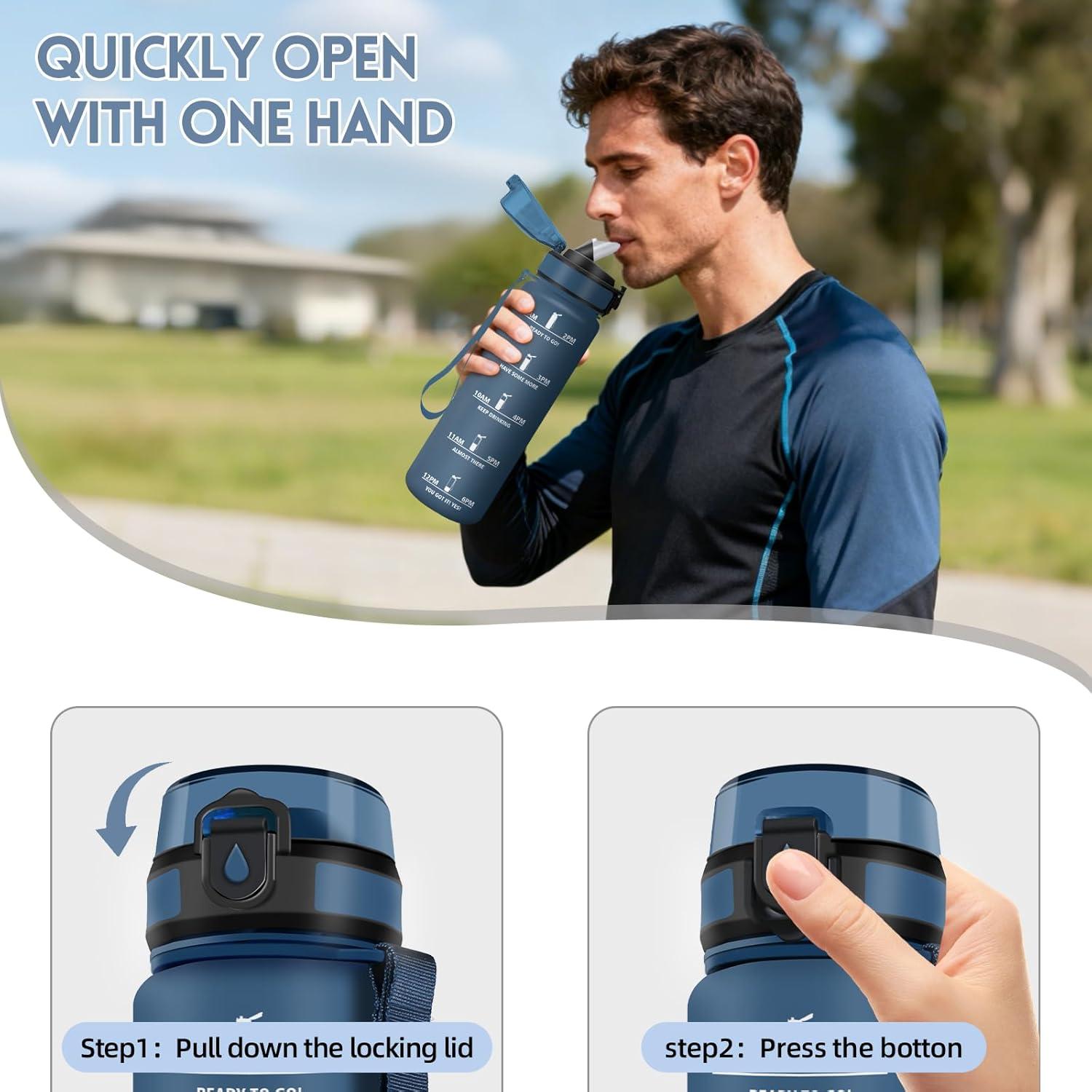 image:imageMotswedi Gourde 1l AntiFuite Gourde Paille avec Marqueur de Temps Bouteille deau Poigne de Transport Bouteille avec Paille Facile Ouvrir pour Randonne Sport Blanc Cass Bleu ClairBleu Fonc