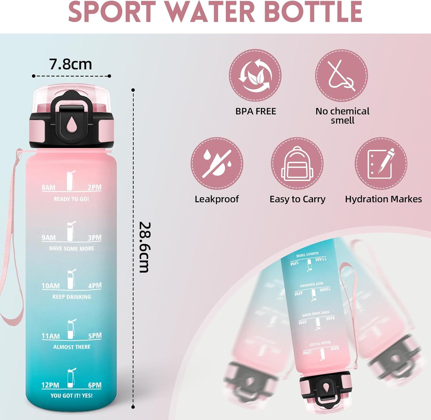 image:imageMotswedi Gourde 1l AntiFuite Gourde Paille avec Marqueur de Temps Bouteille deau Poigne de Transport Bouteille avec Paille Facile Ouvrir pour Randonne Sport Blanc Cass Bleu ClairVert Rose