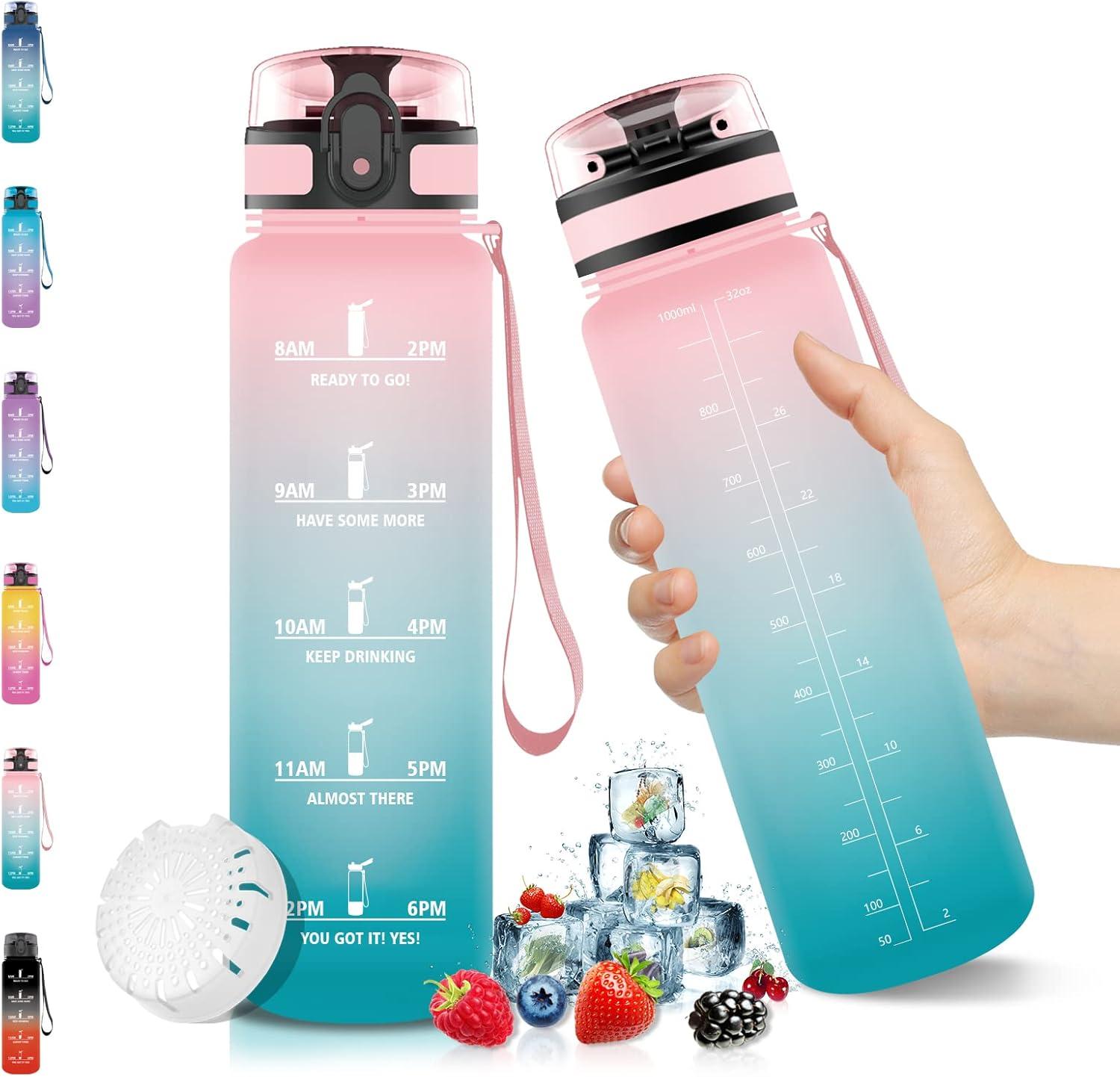 image:imageVikaster Gourde Sport Bouteille deau 1l sans BPA tanche ampamp Rutilisable Water Bottle Ouvrir en un Clic Convient Pour la Camping le Yoga le Gym Gourde RandonneRose Cyan