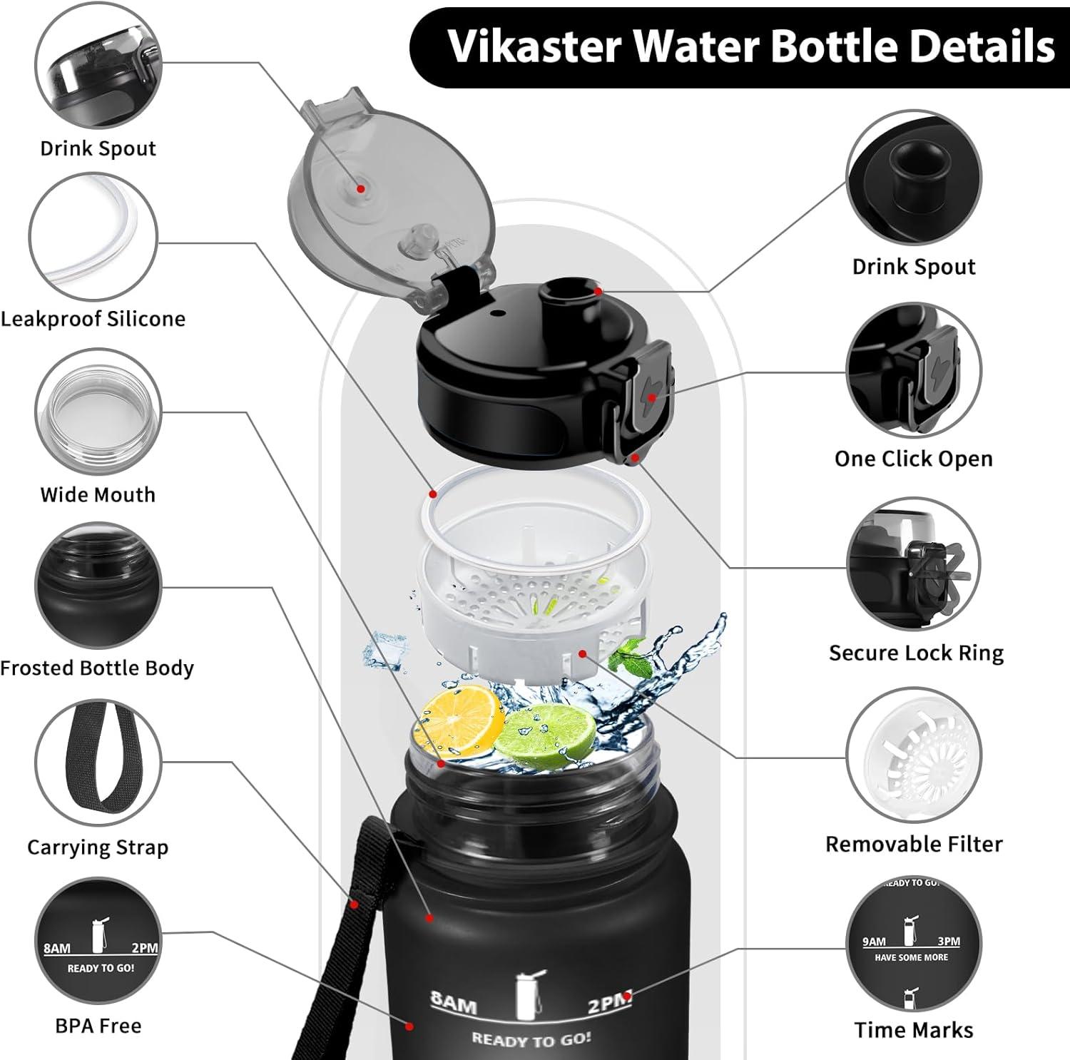 image:imageVikaster Gourde Sport Bouteille deau 1l sans BPA tanche ampamp Rutilisable Water Bottle Ouvrir en un Clic Convient Pour la Camping le Yoga le Gym Gourde RandonneYlnoir