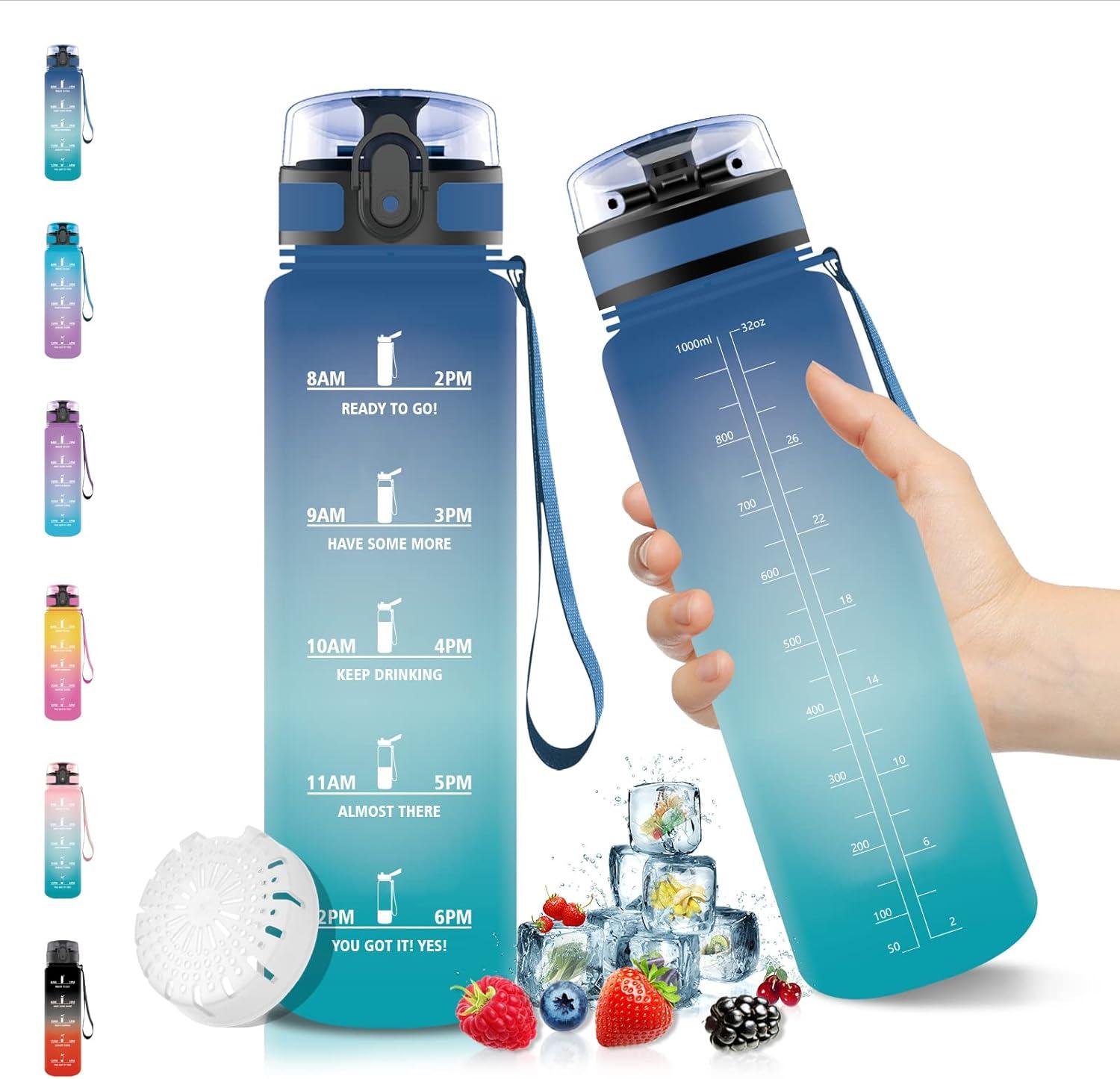 image:imageVikaster Gourde Sport Bouteille deau 1l sans BPA tanche ampamp Rutilisable Water Bottle Ouvrir en un Clic Convient Pour la Camping le Yoga le Gym Gourde RandonneBleu Vert