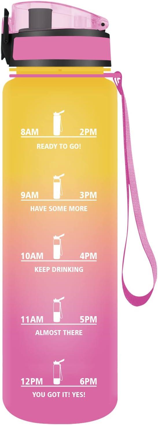 image:imageVikaster Gourde Sport Bouteille deau 1l sans BPA tanche ampamp Rutilisable Water Bottle Ouvrir en un Clic Convient Pour la Camping le Yoga le Gym Gourde RandonneRose Jaune