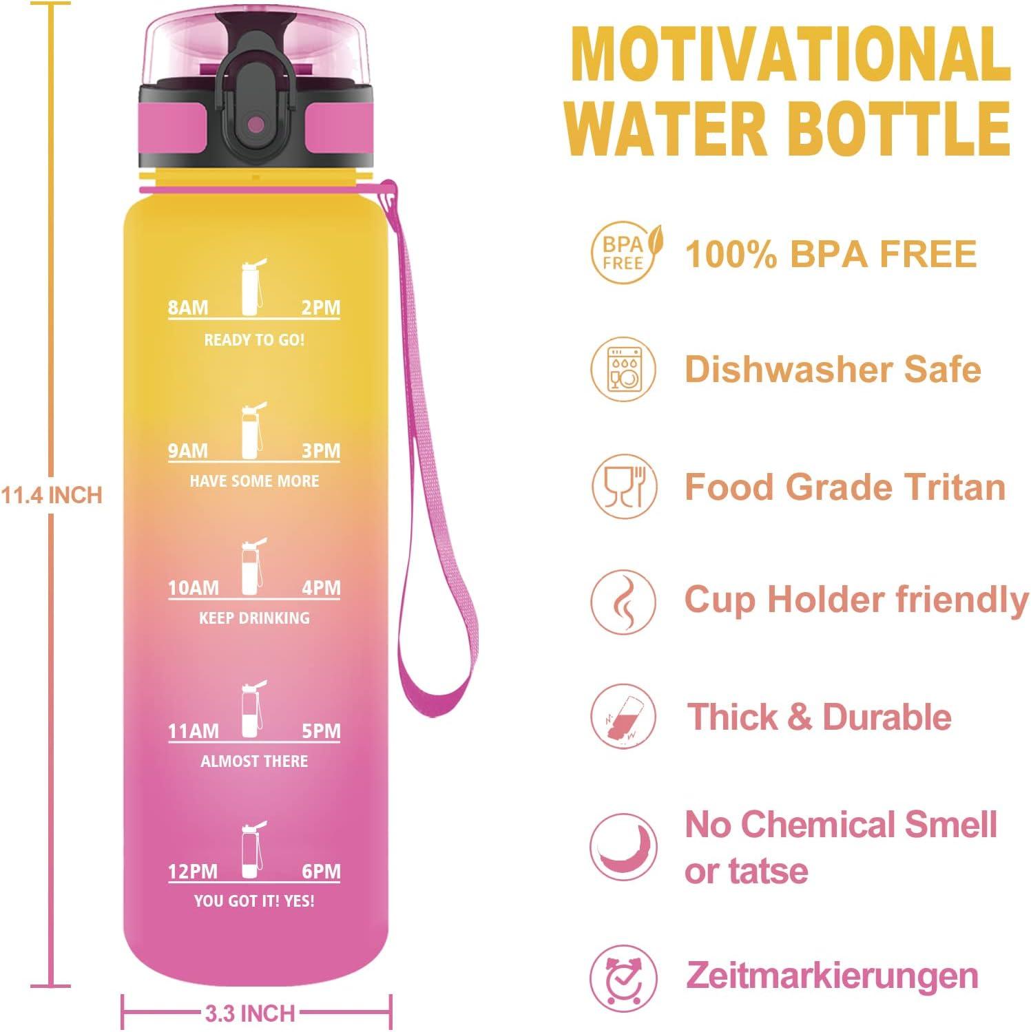 image:imageVikaster Gourde Sport Bouteille deau 1l sans BPA tanche ampamp Rutilisable Water Bottle Ouvrir en un Clic Convient Pour la Camping le Yoga le Gym Gourde RandonneRose Jaune