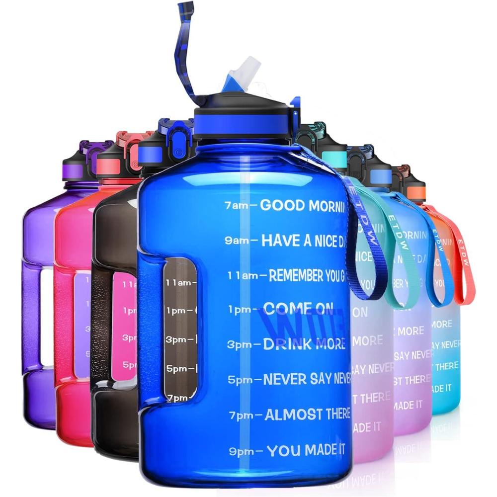 image:imageBouteille deau de 4 litres avec Paille et Marquages de Temps Motivants sans BPA Grande Gourde Antifuite pour Sport FitnessBleu