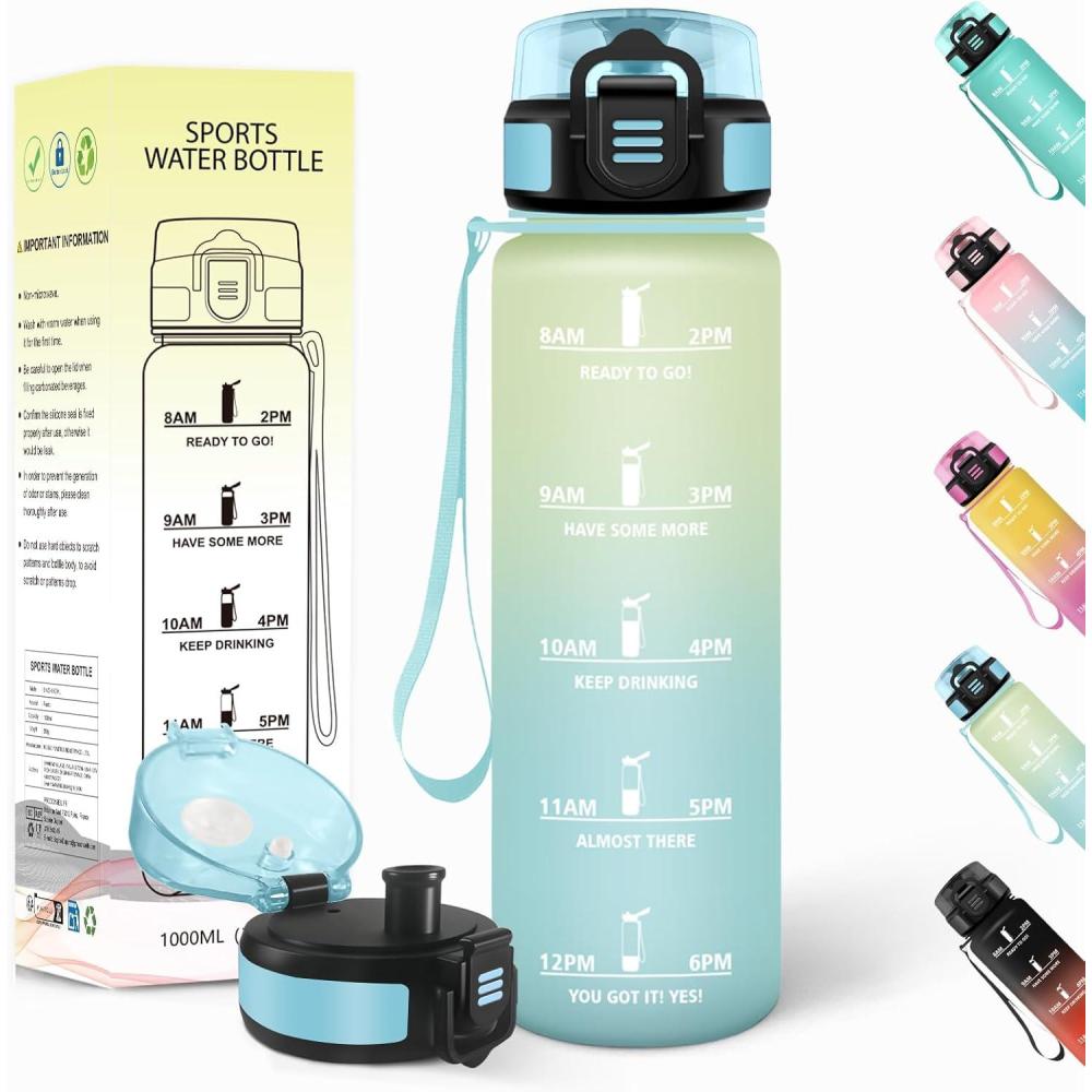 image:imageGourde 15l AntiFuit Gourde Sport avec Marqueur de Temps Bouteille deau Rutilisable Bouteille Sans BPA pour Randonne Fitness Sport Yoga NoirRougeBlanc Cassbleu Clair