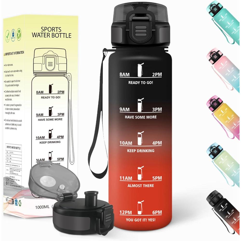 image:imageGourde 15l AntiFuit Gourde Sport avec Marqueur de Temps Bouteille deau Rutilisable Bouteille Sans BPA pour Randonne Fitness Sport Yoga NoirRougeNoirrouge