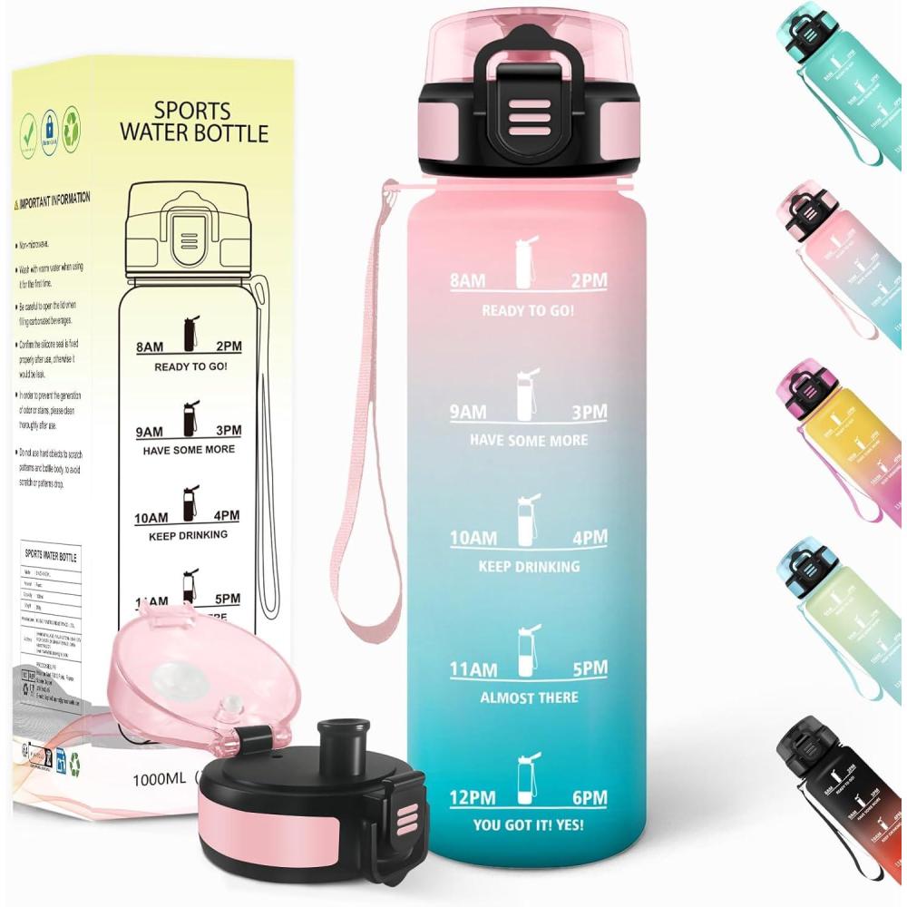 image:imageGourde 15l AntiFuit Gourde Sport avec Marqueur de Temps Bouteille deau Rutilisable Bouteille Sans BPA pour Randonne Fitness Sport Yoga NoirRougeRosevert