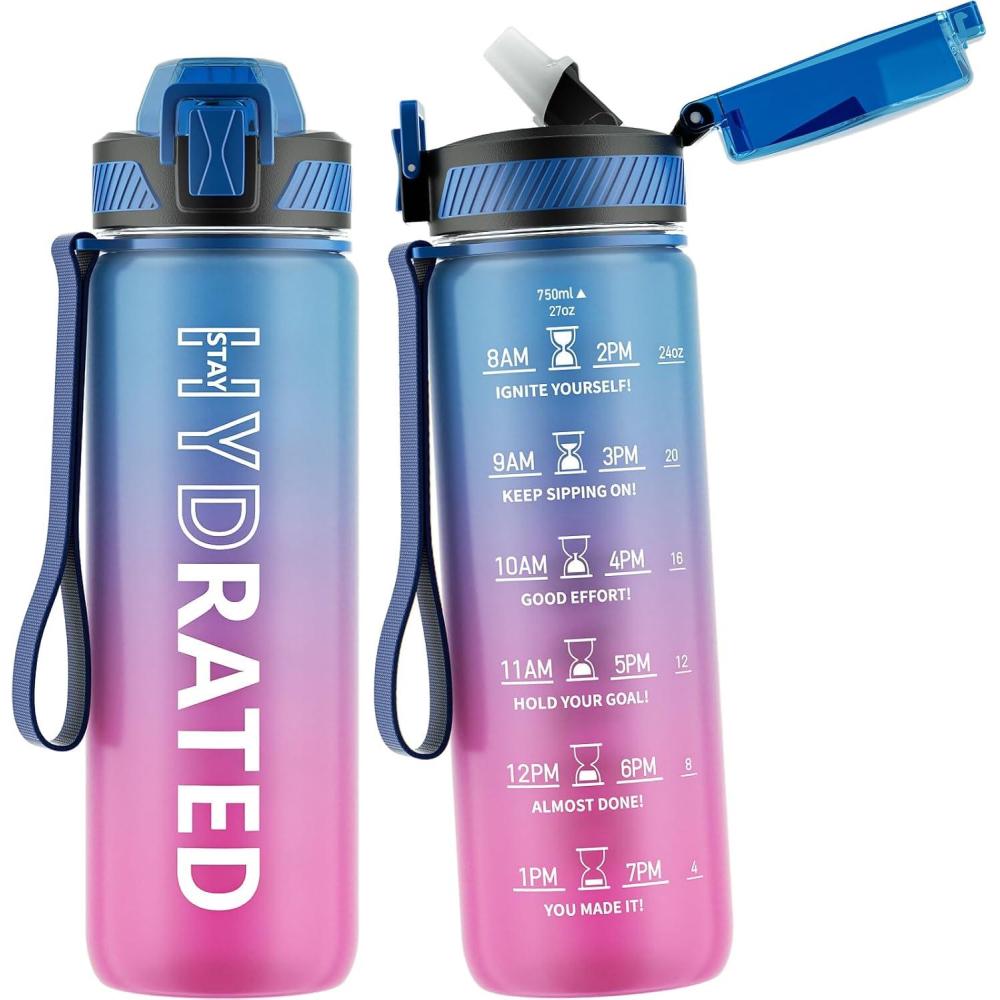 image:imageGourde 1L Gourde Sport avec Paille et Gradue 1 Litre tanche Bouteille dEau avec Brosse Gourdes Motivation sans BPA pour Fitness Bureau lcole YogaBleu Violet