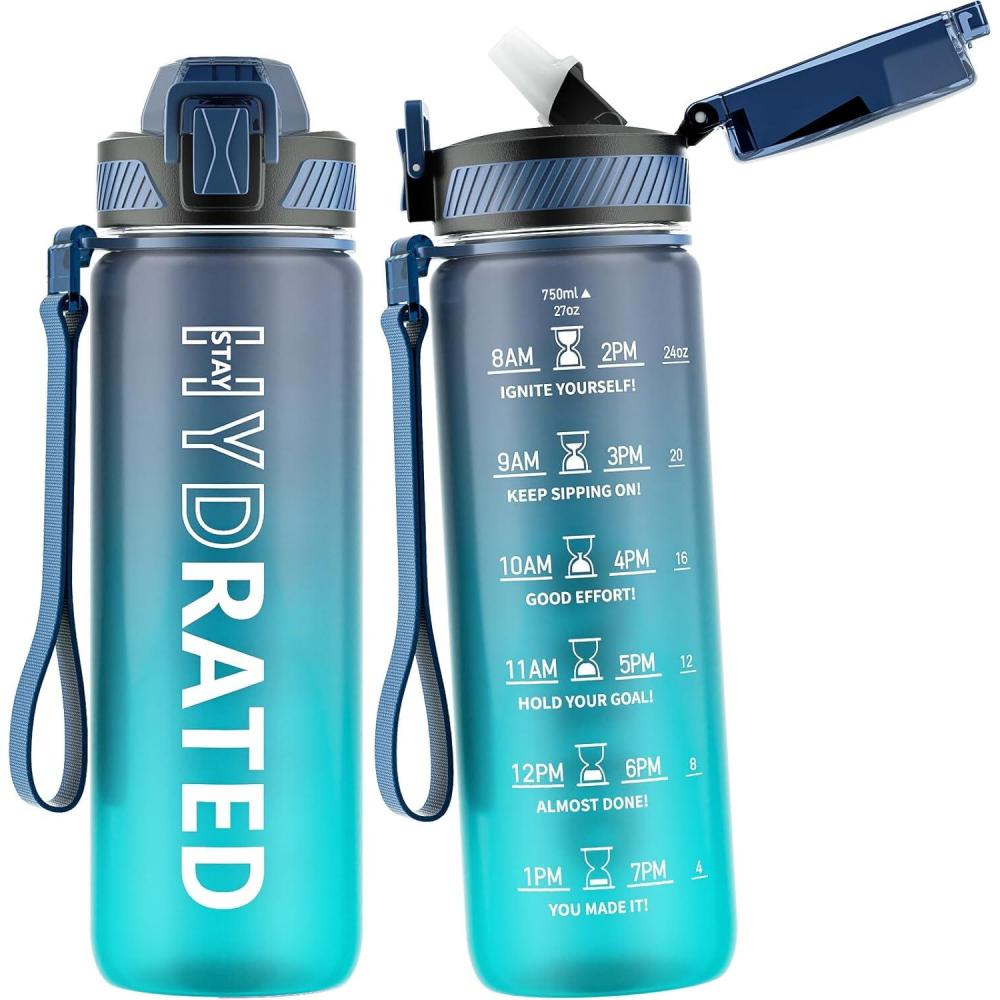 image:imageGourde 1L Gourde Sport avec Paille et Gradue 1 Litre tanche Bouteille dEau avec Brosse Gourdes Motivation sans BPA pour Fitness Bureau lcole YogaBleu Mer