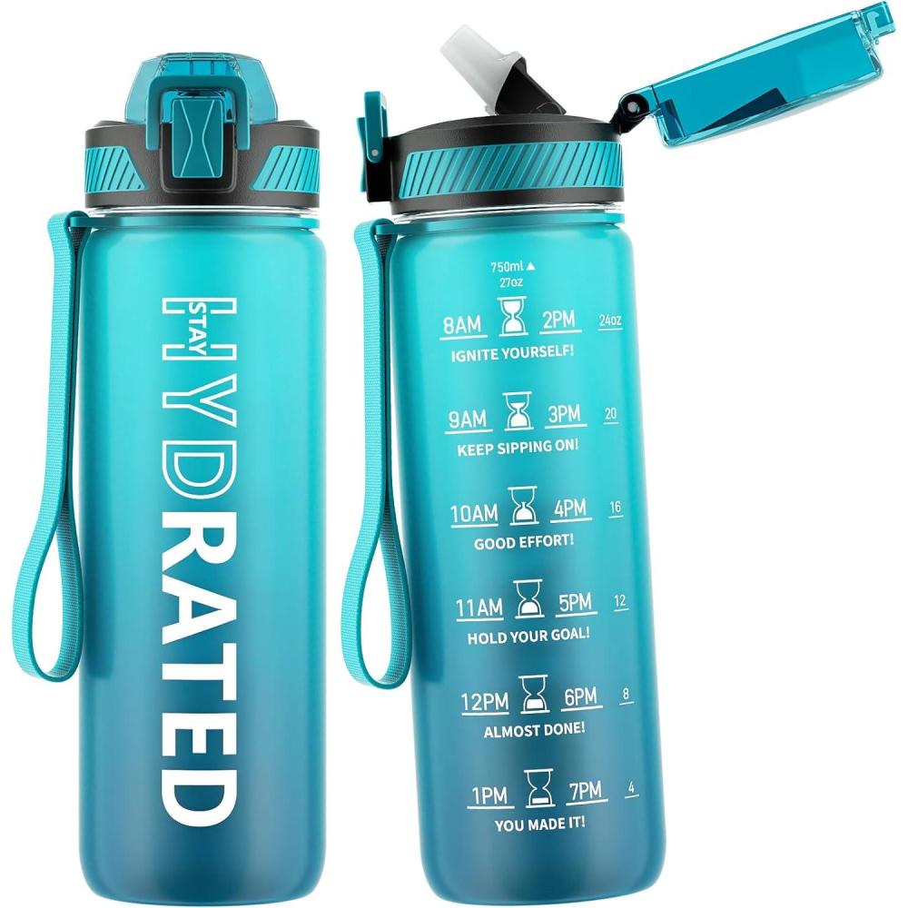 image:imageGourde 1L Gourde Sport avec Paille et Gradue 1 Litre tanche Bouteille dEau avec Brosse Gourdes Motivation sans BPA pour Fitness Bureau lcole YogaBleu Fonc
