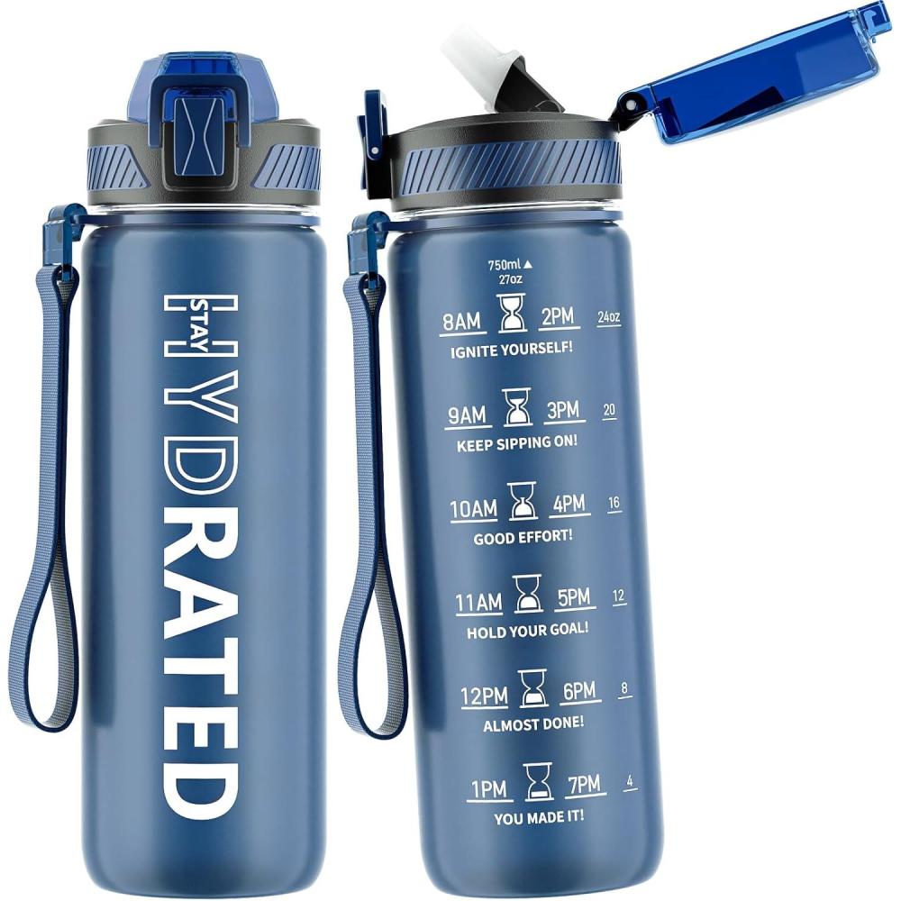 image:imageGourde 1L Gourde Sport avec Paille et Gradue 1 Litre tanche Bouteille dEau avec Brosse Gourdes Motivation sans BPA pour Fitness Bureau lcole YogaBleu Nuit