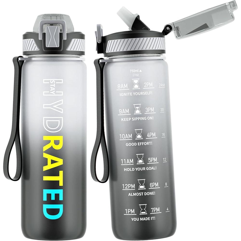 image:imageGourde 1L Gourde Sport avec Paille et Gradue 1 Litre tanche Bouteille dEau avec Brosse Gourdes Motivation sans BPA pour Fitness Bureau lcole YogaGris Dgrad