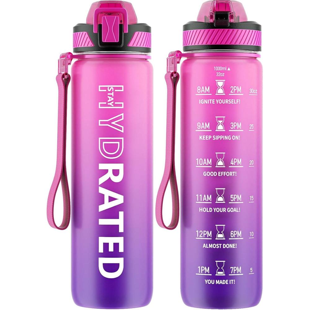 image:imageGourde 1L Gourde Sport avec Paille et Gradue 1 Litre tanche Bouteille dEau avec Brosse Gourdes Motivation sans BPA pour Fitness Bureau lcole YogaRose Pourpre
