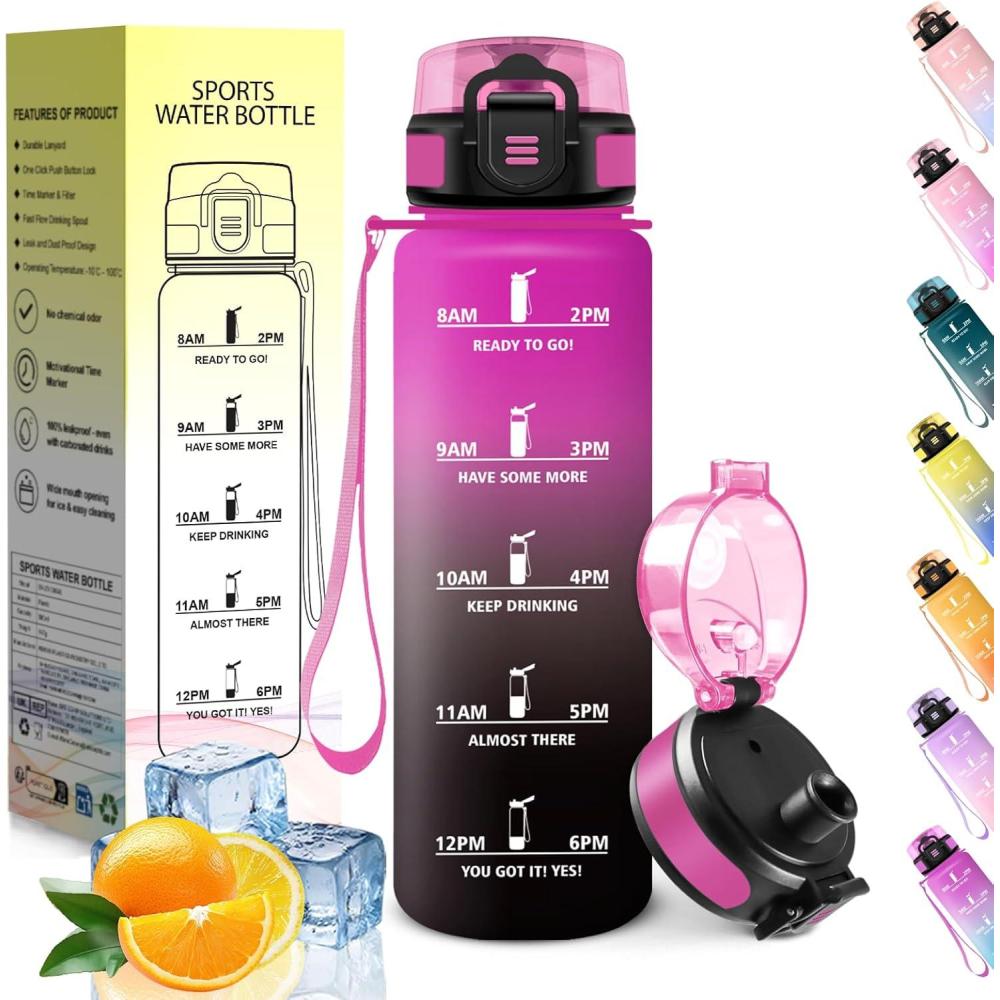 image:imageHoneyHolly Gourde 1L sans BPA Bouteille Sport Marqueur Horaire Bouteille tanche Portable Gourde Gradue pour Salle de Sport Vlo Bureau Extrieur cole Water BottleViolet Noir 500ml